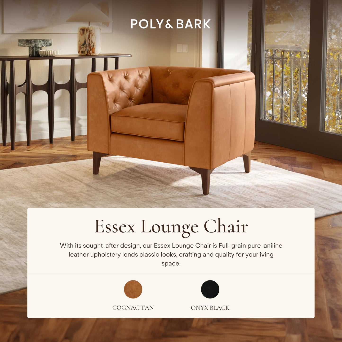 POLY & BARK Essex 89” Full-Grain Italian Leather Sofa – Tufted Back, Feather-Down Comfort, Solid Wood Frame, Cognac Tan