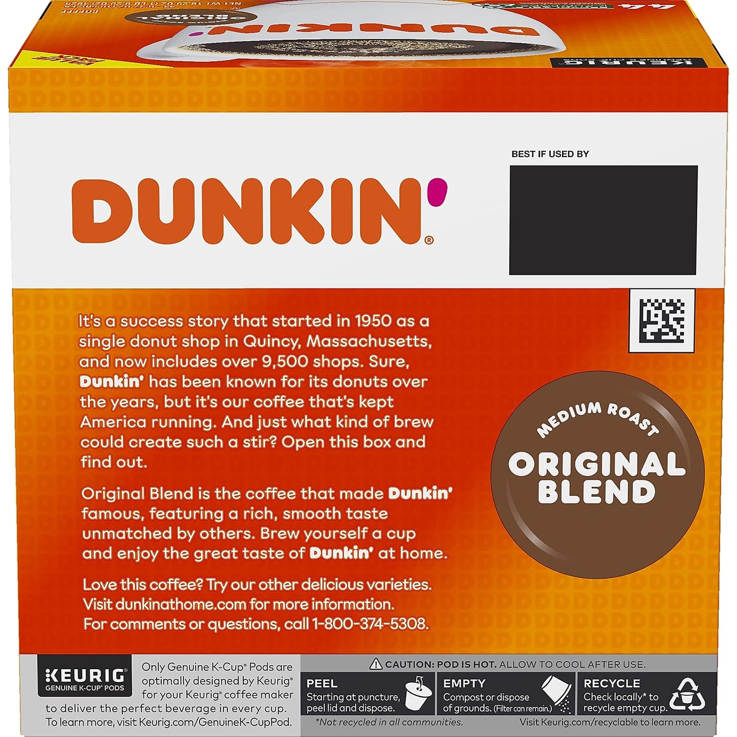 Dunkin' Donuts 2091512 Original Blend Coffee K-Cup Pods Medium Roast 44/Box (006933)