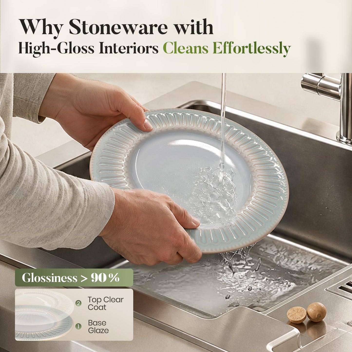 Kitchen Academy Stoneware Dinnerware Sets for 8, Embossed Ceramic Plates and Bowls Set, Beige Dishes