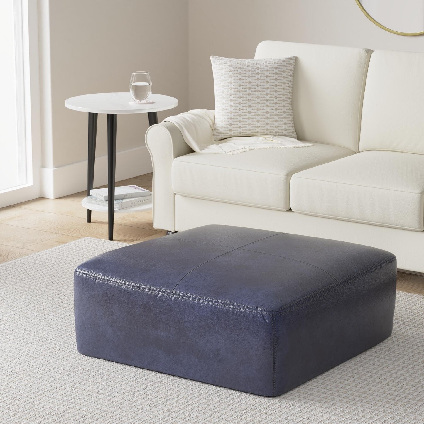 POLY & BARK Denver Ottoman – 43" Large Pouf with Feather-Down Topper – Full-Grain Leather Upholstered Pouf Ottoman for Living Room – Vintage Italian Leather in Cognac Tan