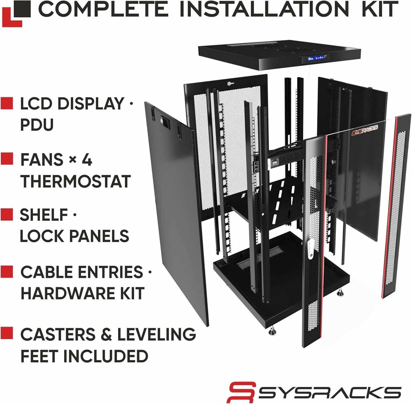 Sysracks 27U Server Rack Cabinet, 39" Deep, Glass Door, 19-Inch | Cooling fans, PDU, shelf, casters, leveling feet, cable entry brushes