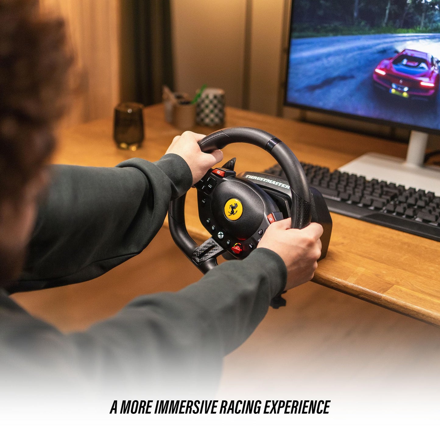 Thrustmaster T98 P Ferrari Licensed Racing Wheel & Pedal Set - PS5 & PC | 240-degree rotation, bungee-cord resistance, paddle shifters, 3 driving modes, Hall-Effect sensors, tool-free desk clamp