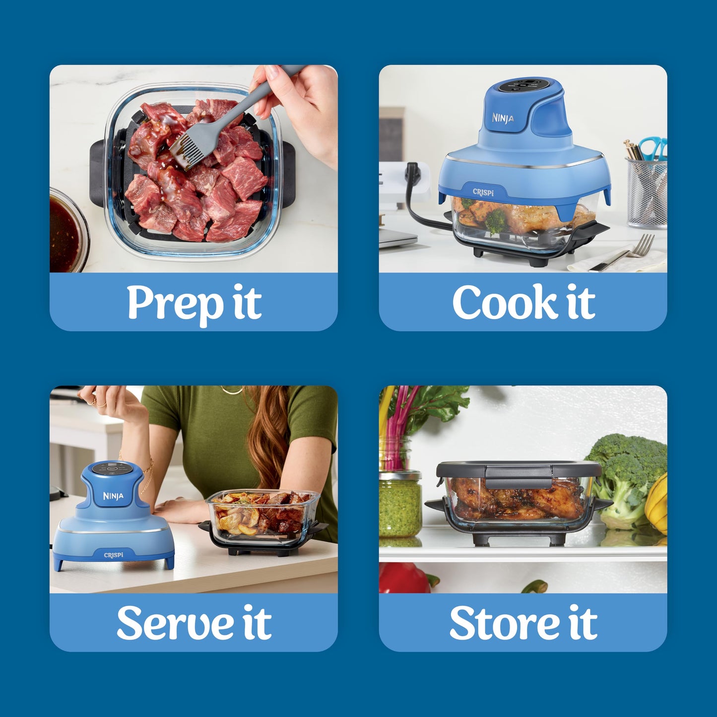 Ninja Crispi 4-in-1 Glass Air Fryer | With Non-Toxic 4QT & 6-Cup Glass Containers & Lids | Microwave, Freezer, Dishwasher Safe | 450°F Max Temp |1500 Watt | Stone | FN101ST
