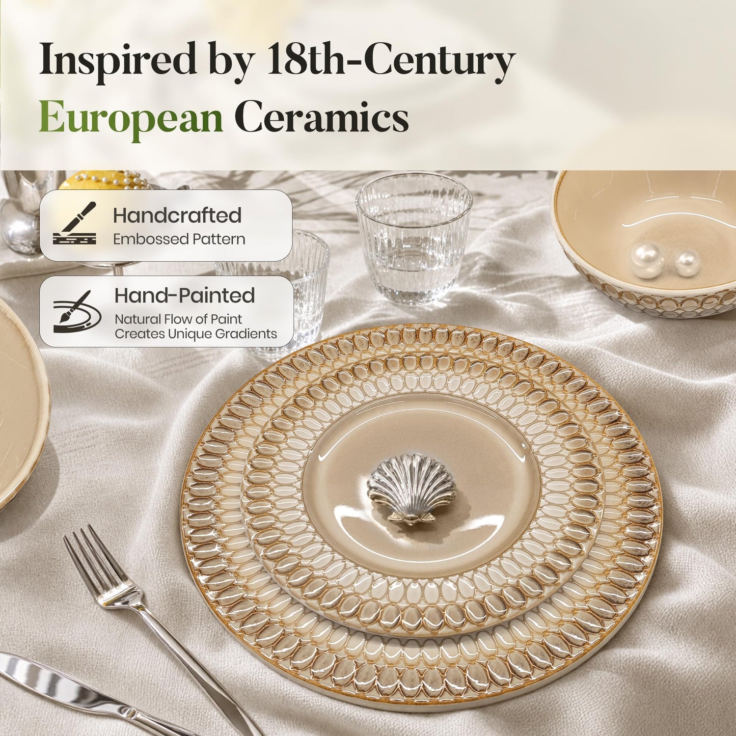 Kitchen Academy Stoneware Dinnerware Sets for 8, Embossed Ceramic Plates and Bowls Set, Beige Dishes