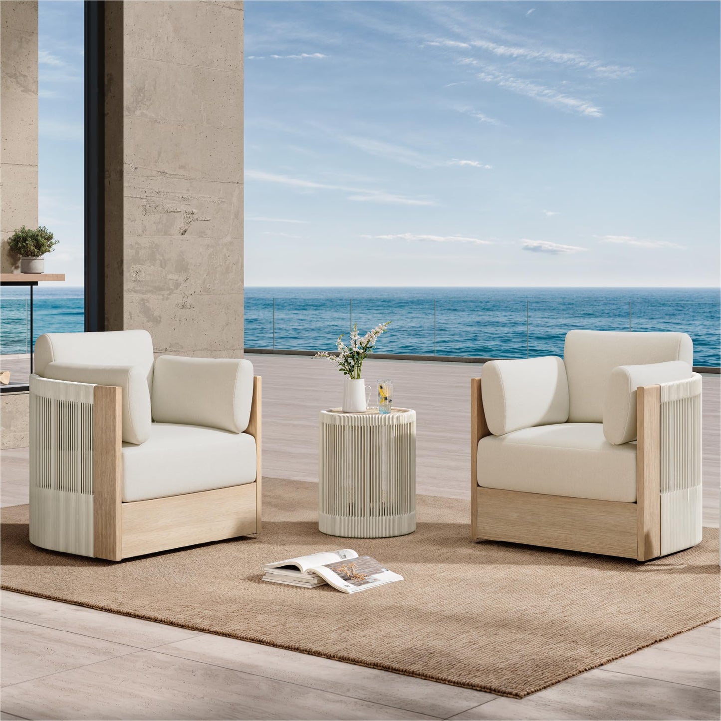 CHITA 3 Pieces Boho Patio Rattan Bistro Set, Outdoor Wicker Furniture Swivel Chairs & Side Table Set with 2 Arm Pillows, Acacia Wood Frame, Fully Assembled(Cream)