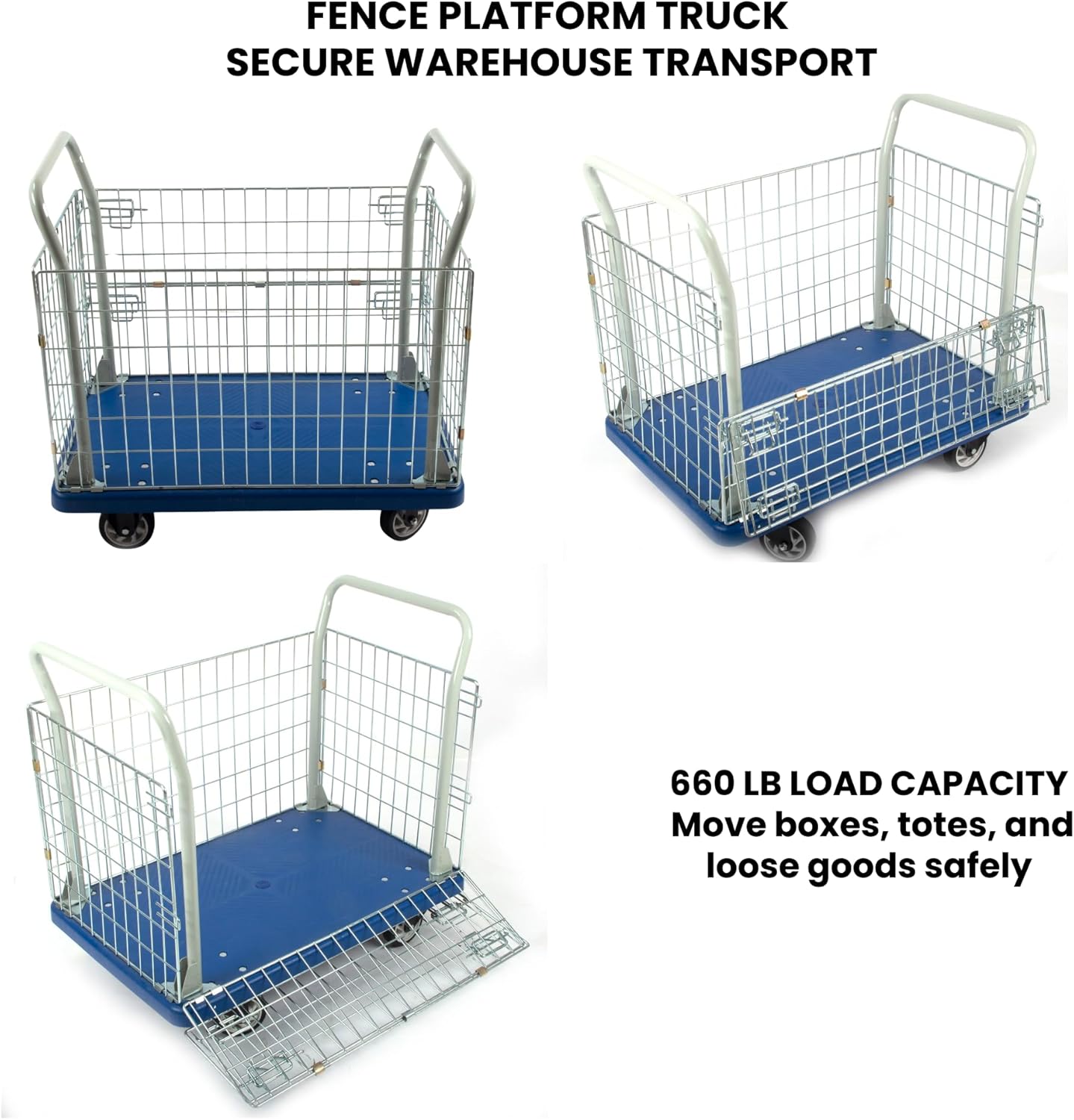 23 * 35 Platform Truck with Fence, 660 lb Capacity, Steel Handle, PP Deck, 5 Inch Casters, Manual Material Handling