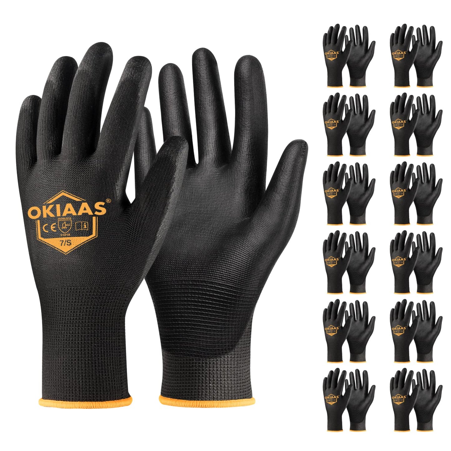 OKIAAS Work Gloves for Men,Ultra Thin and Lightweight Working Gloves with Grip,12 Pairs Bulk Pack Construction Gloves with Polyurethane Coating,Safety Gloves for Light Duty Work (Black, Large)