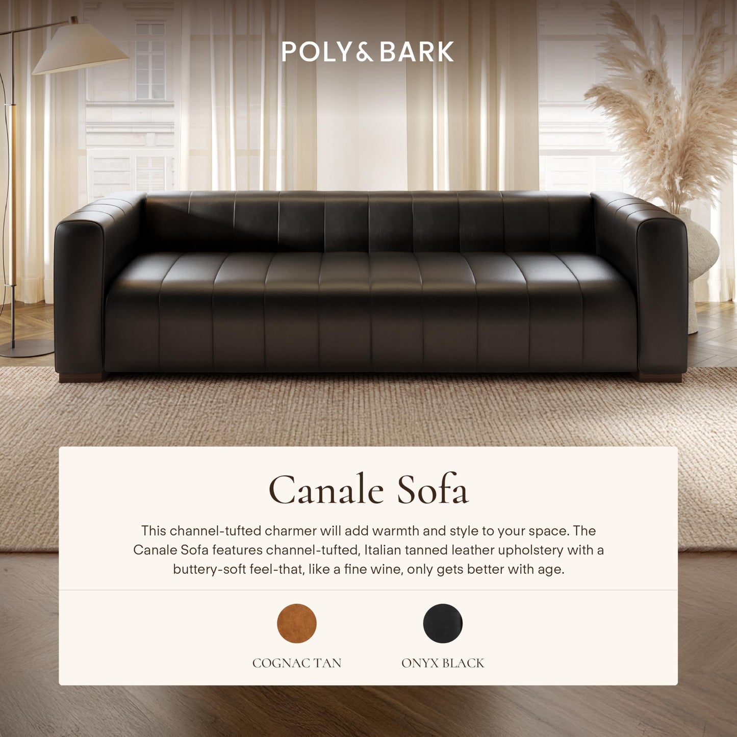POLY & BARK Capa 96.5" Sofa – Chocolate Brown Full-Grain Pure-Aniline Italian Leather, Boxy Modern Design, Feather-Fiber Cushions, Solid Wood Frame