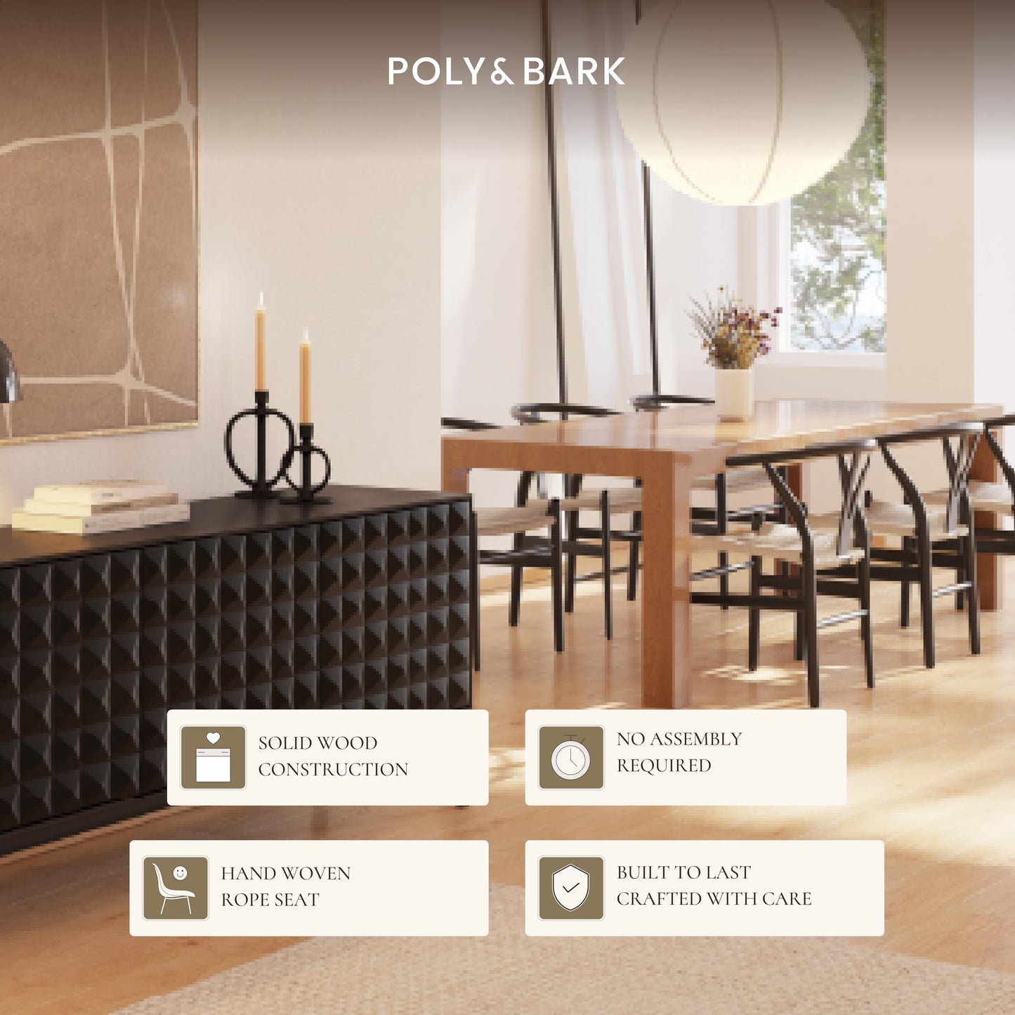 POLY & BARK Weave Dining Chair – Mid-Century Modern Wishbone Dining Chair with Arms, Solid Wood Frame, Indoor Use – Black – Single - Ideal for Dining Room, Kitchen or Stylish Accent Setting