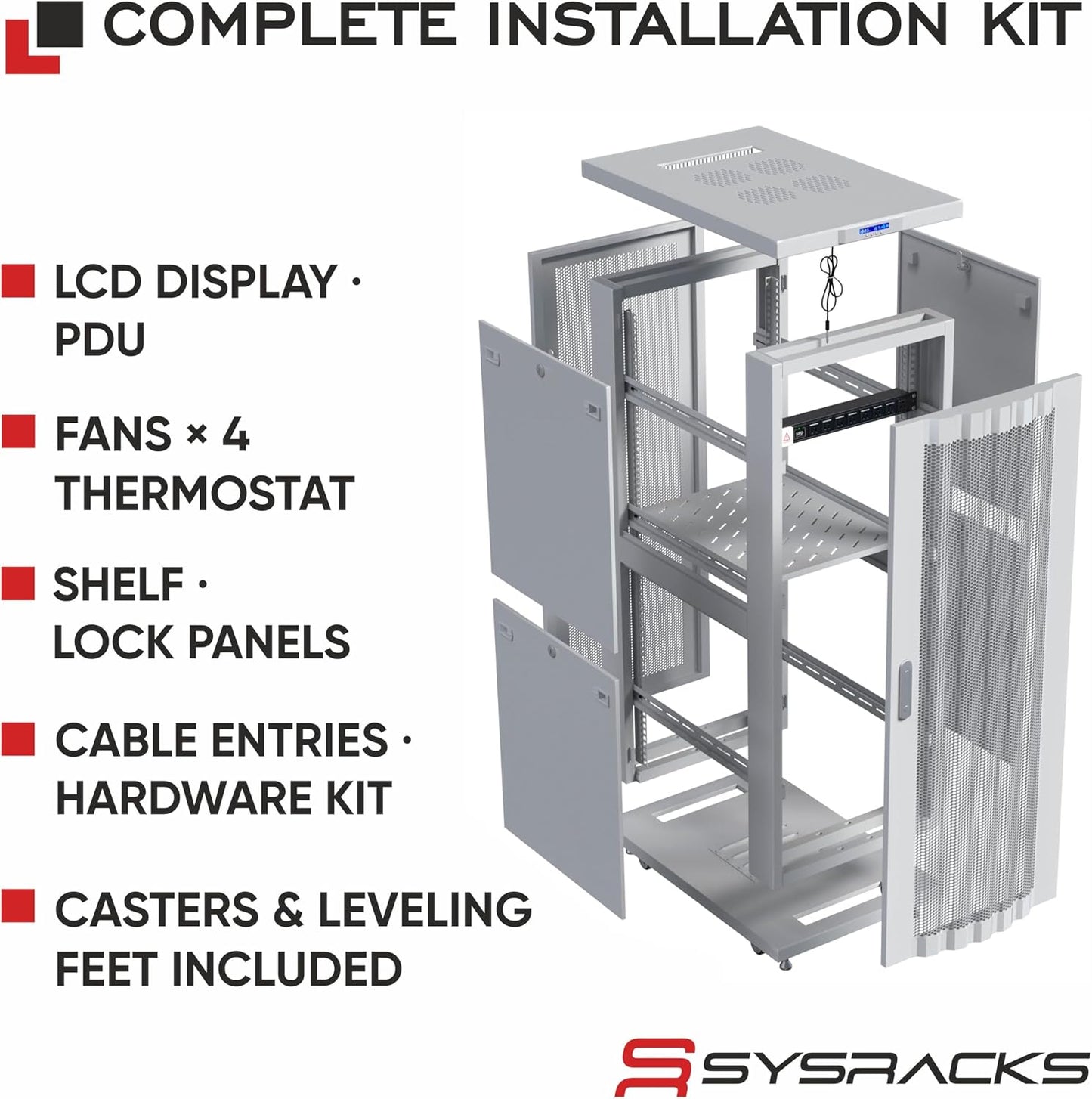 Sysracks 42U Server Rack Cabinet, 35" Deep, Mesh Door, 19-Inch | LCD thermostat, 4 fans, PDU, shelf, casters, 1600 lb capacity