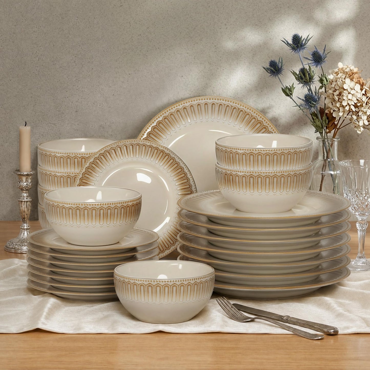 Kitchen Academy Stoneware Dinnerware Sets for 8, Embossed Ceramic Plates and Bowls Set, Beige Dishes