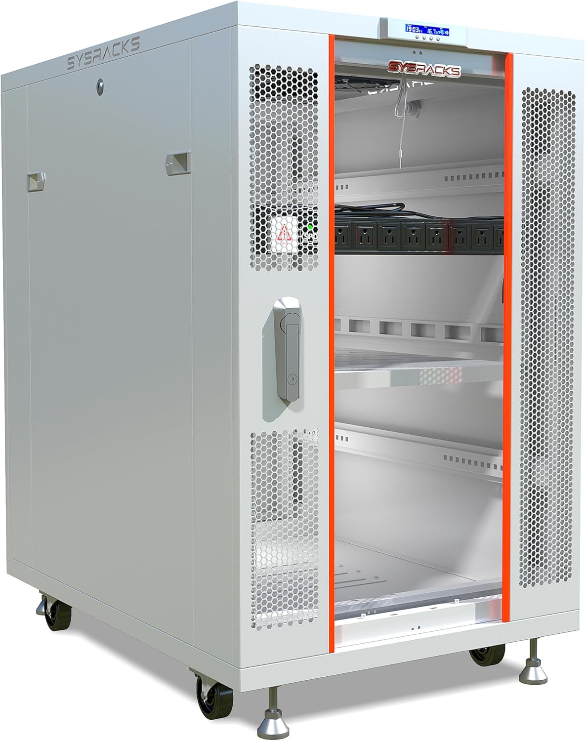 22U Server Rack Cabinet, 35" Deep, Glass Door, 19-Inch | Cooling fans, PDU, shelf, casters, leveling feet, cable entry brushes
