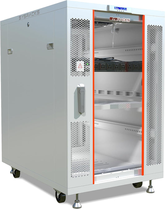 22U Server Rack Cabinet, 35" Deep, Glass Door, 19-Inch | Cooling fans, PDU, shelf, casters, leveling feet, cable entry brushes