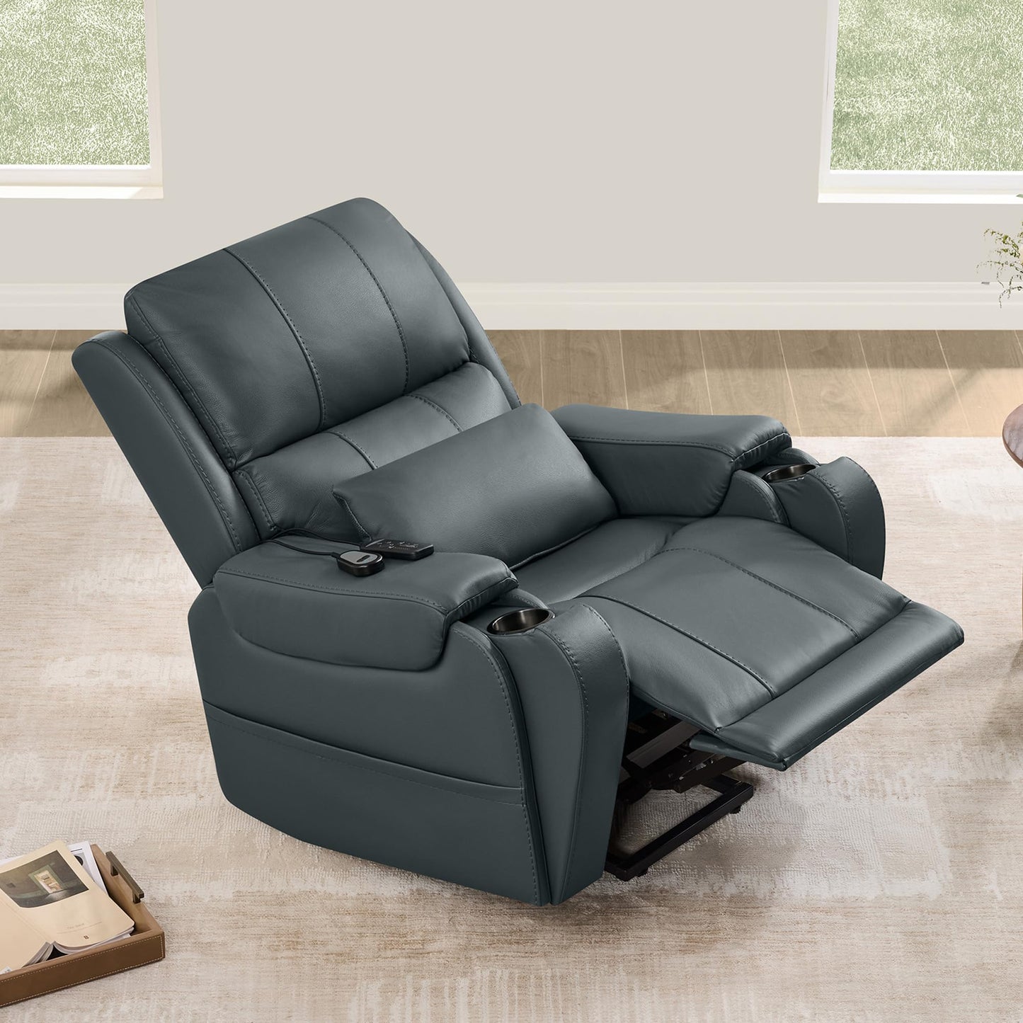 CHITA Power Lift Recliner Chair for Elderly with Heat and Massage, Genuine Leather Electric Lift Chairs with Cup Holder, Removable Lumbar Pillow, 2 Side Pockets, Leather in Navy