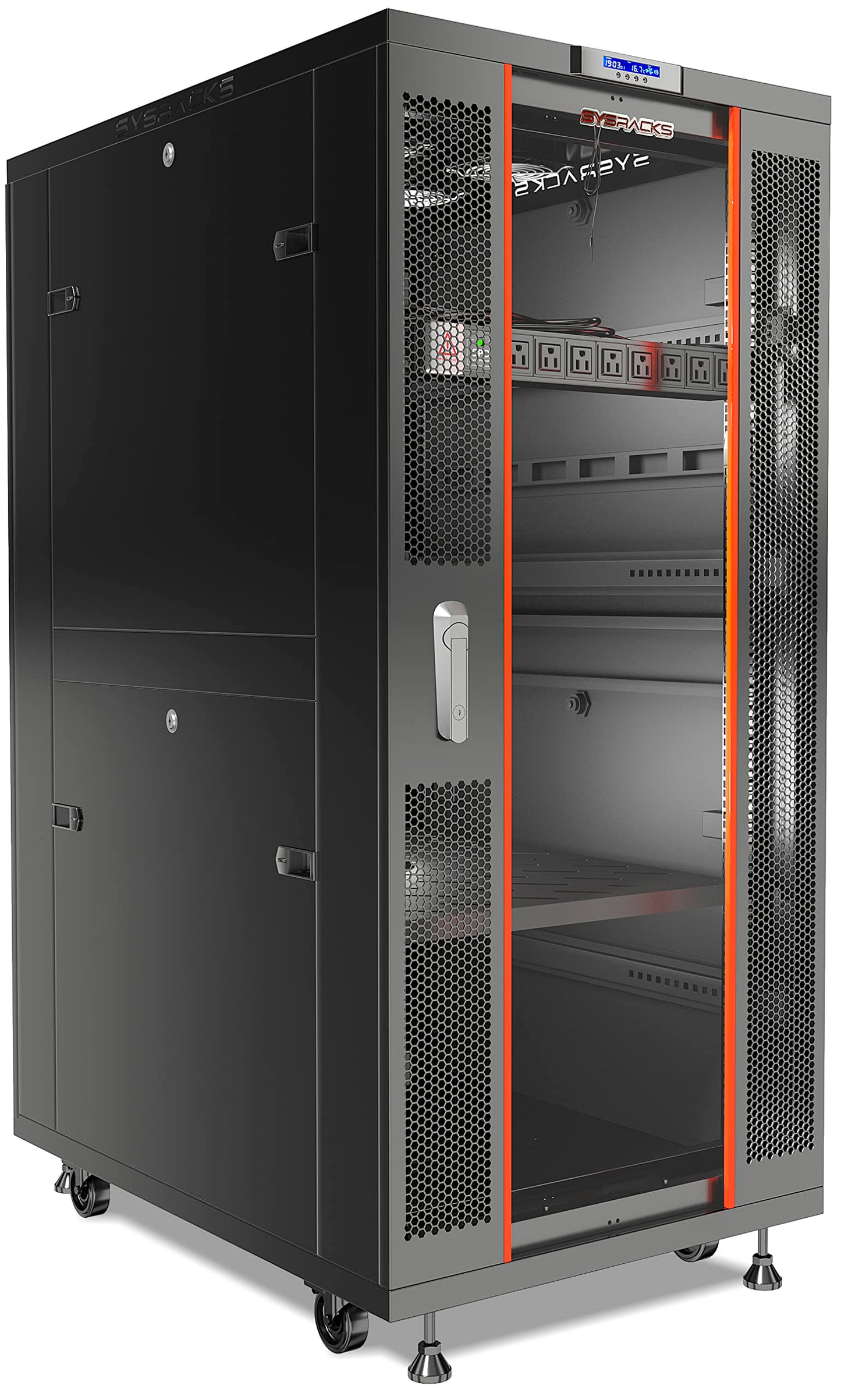 Sysracks 27U Server Rack Cabinet, 39" Deep, Glass Door, 19-Inch | Cooling fans, PDU, shelf, casters, leveling feet, cable entry brushes