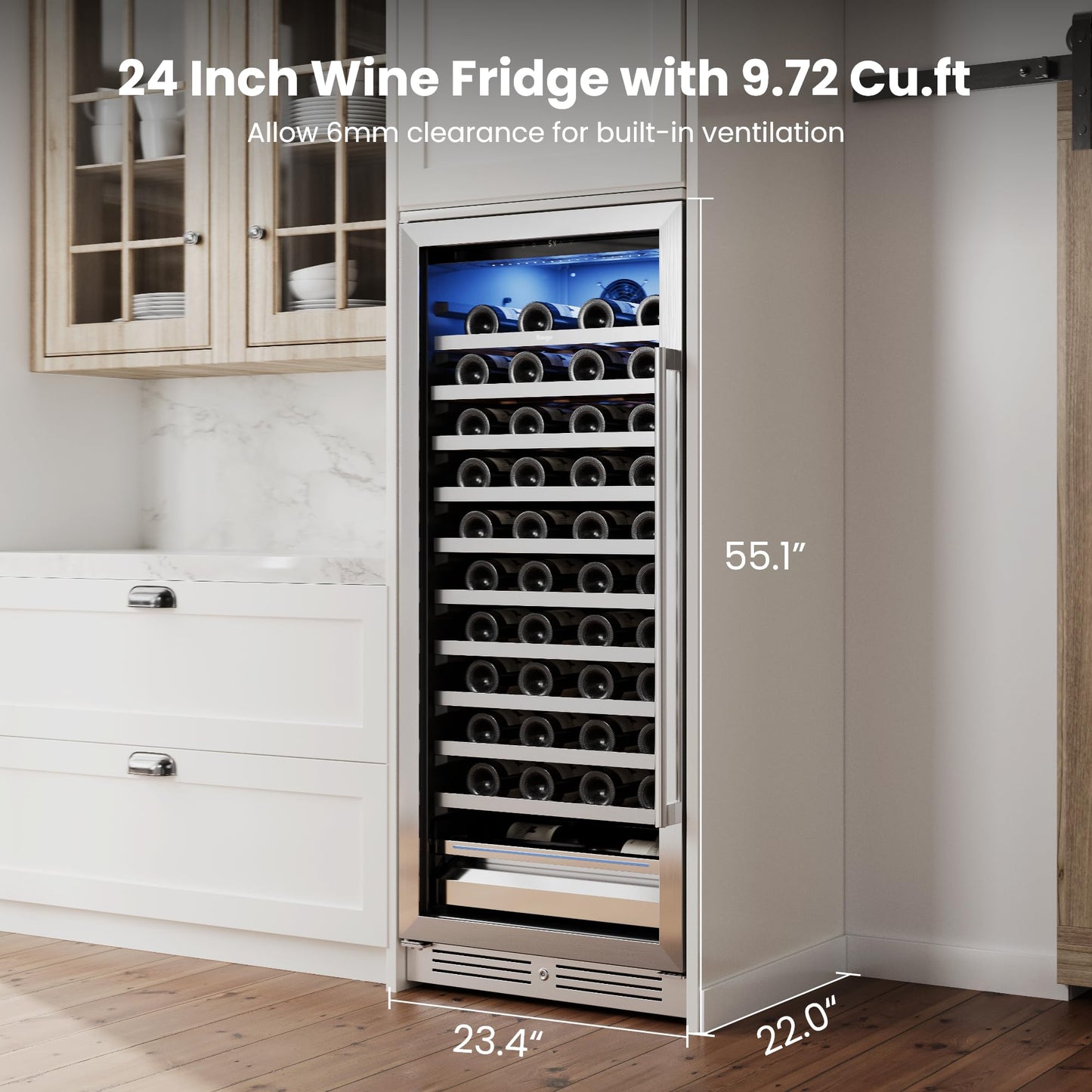 Yeego 24 Inch Wine Fridge Cooler - 52 Bottles Wine Cooler with Glass Door, 40-65℉ Built-In or Freestanding Refrigerator, Under Counter Wine Fridge for Kitchen Bar Office (Left-Hinged)