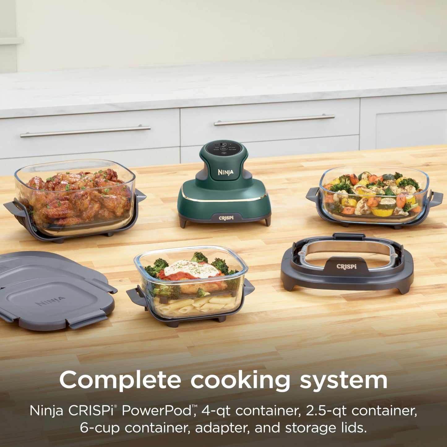Ninja Crispi 4-in-1 Glass Air Fryer | With Non-Toxic 4QT & 6-Cup Glass Containers & Lids | Microwave, Freezer, Dishwasher Safe | 450°F Max Temp |1500 Watt | Stone | FN101ST