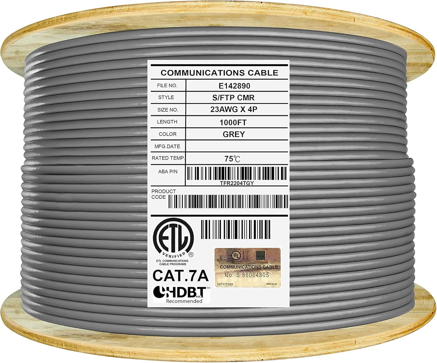 Elite CAT7A Shielded Riser (CMR), Ethernet Cable 1000ft Reel, Shielded Foil Twisted Pair (S/FTP) 23AWG, Solid Pure Bare Copper, 1000MHz, UL Certified, Easy Pull, Bulk Networking Cable - Grey