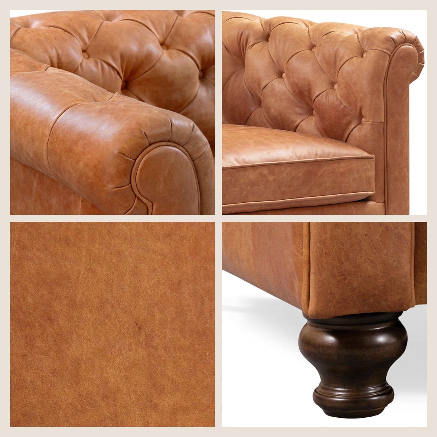 POLY & BARK Sorrento 86" Sofa – Cognac Tan Full-Grain Pure-Aniline Italian Leather, Feather-Down Cushions, Solid Wood Frame & Walnut Legs