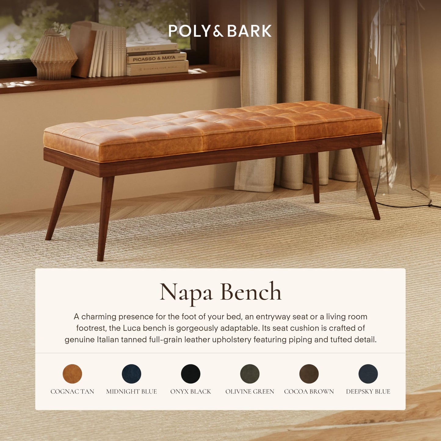 POLY & BARK Napa 82" Leather Pull‑Out Sleeper Sofa – Full‑Grain Italian Leather Upholstery,Tri‑Layer Mattress & Storage Console –Sophisticated Multi‑Functional Sofa Bed for Living Rooms & Guest Spaces