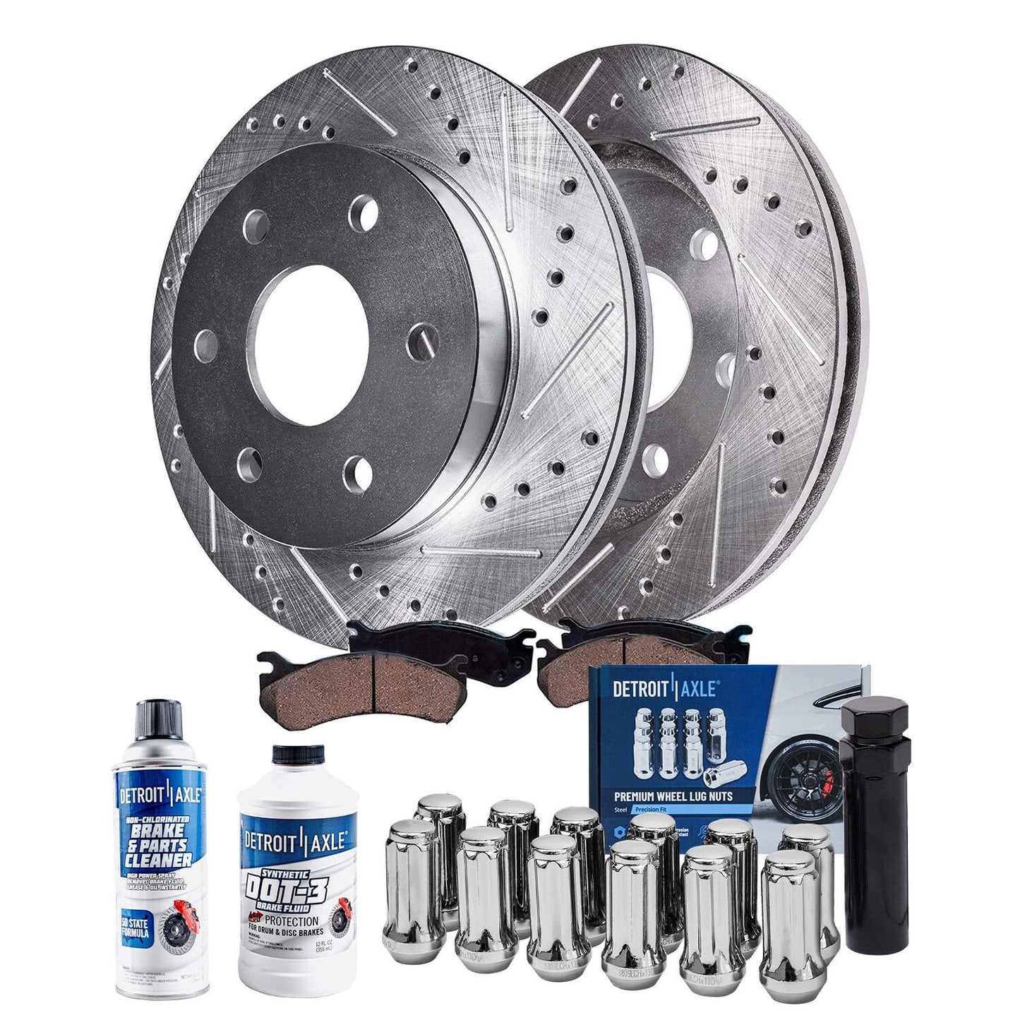 Detroit Axle - Brake Kit for 2012-2020 Ford F-150 Drilled & Slotted Brake Rotors and Ceramic Brakes Pads 2013 2014 2015 2016 2017 2018 2019 Front and Rear Replacement
