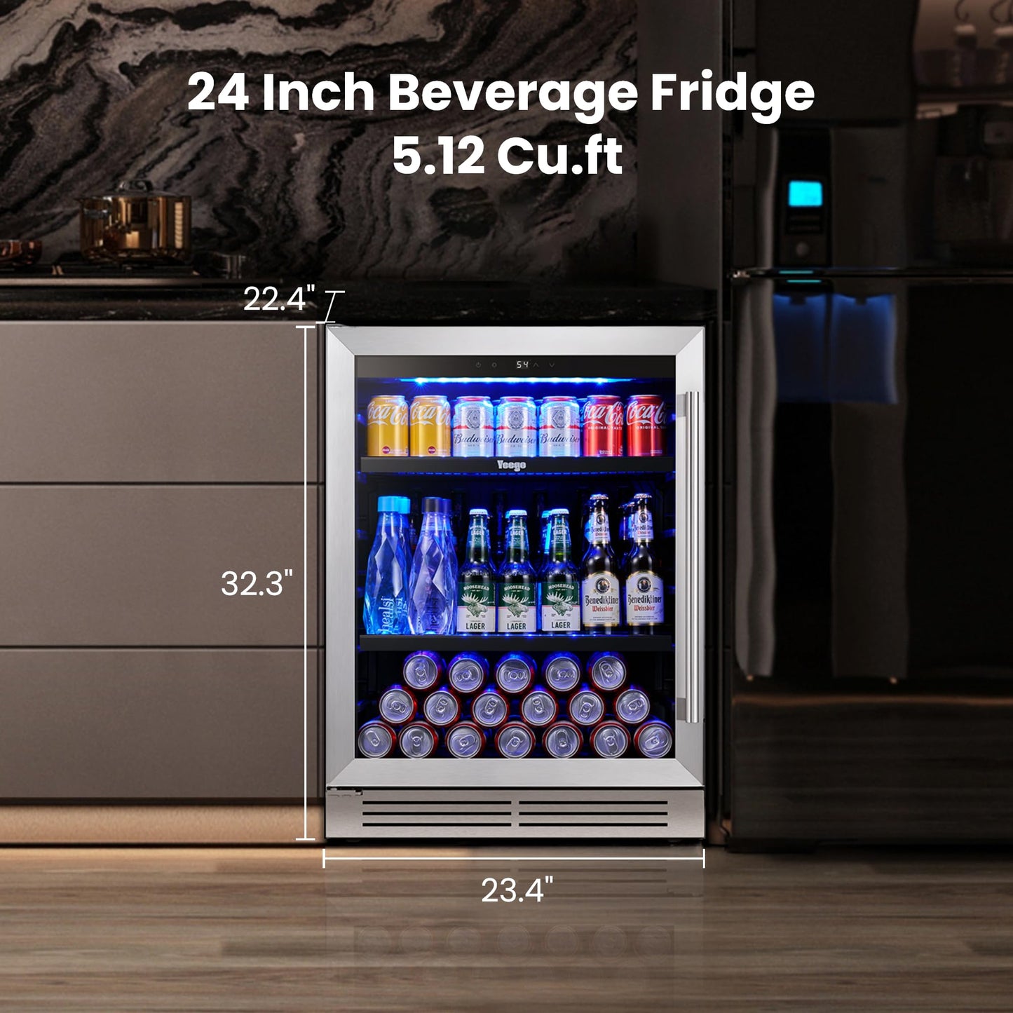 Yeego 24-Inch Beverage Refrigerator, Built-In or Freestanding Beverage Cooler, Up to 180 Cans, Glass Door Mini Fridge for Soda, Beer, Water & Wine (Left-Hinged)