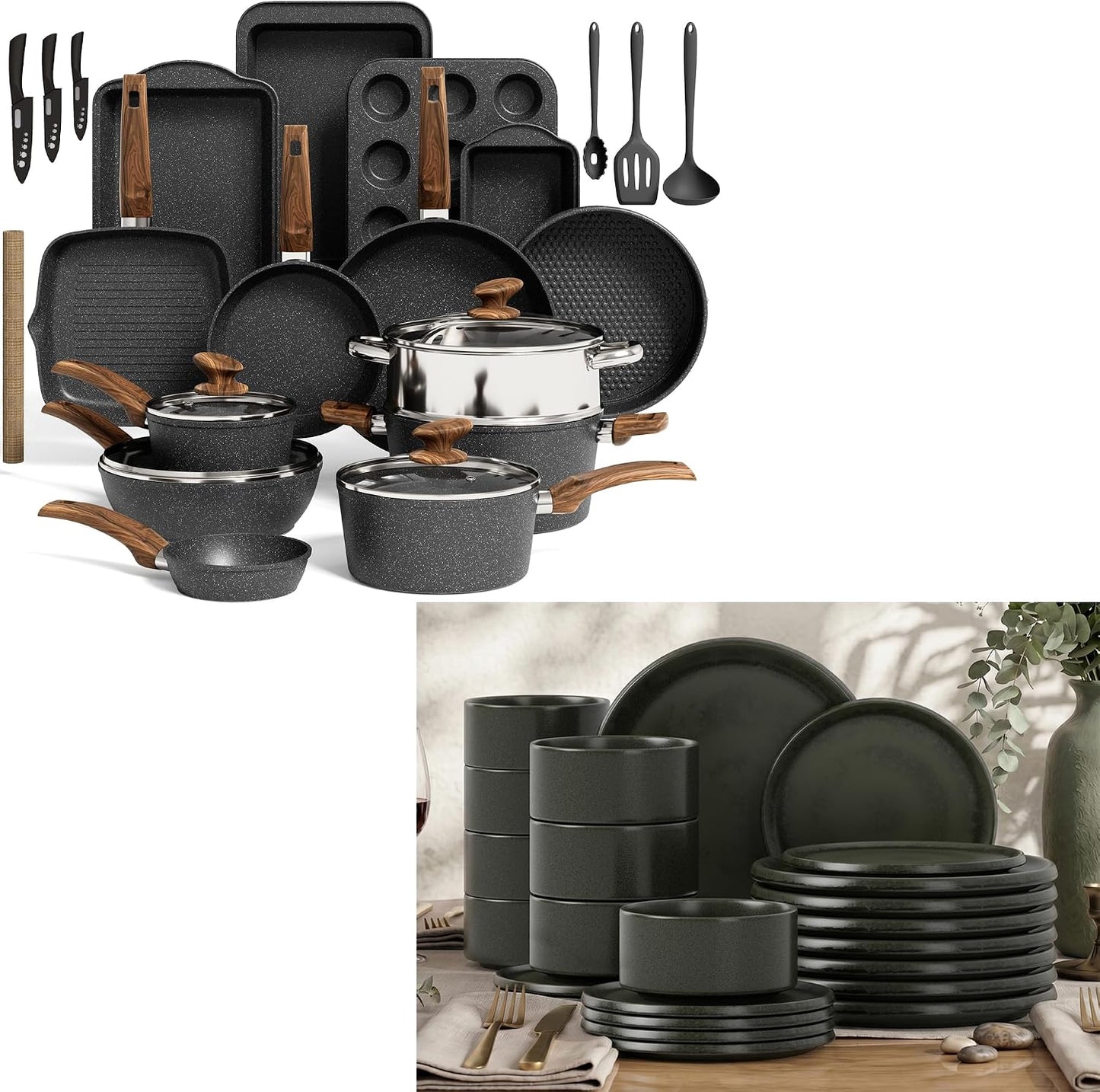 Kitchen Academy 30Pcs Bakeware & Cookware Set + 24 Pcs Stoneware Dinnerware Sets for 8