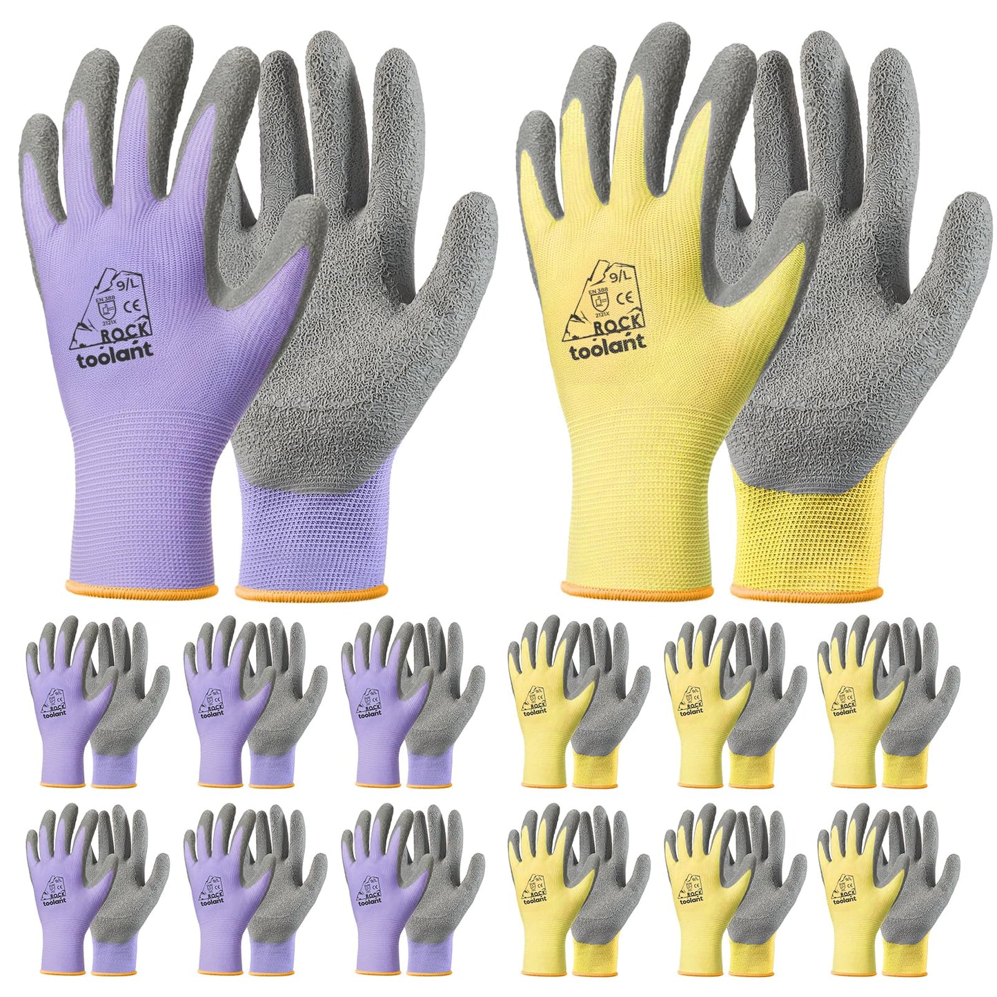 toolant Crinkle Latex Work Gloves Bulk, Rubber Coated Safety Work Gloves for Men and Women, 12 Pairs for Construction, Gardening, Warehouse (Black, Large)