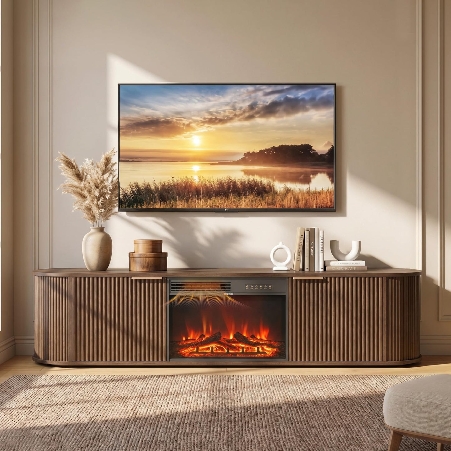 CHITA 70" Fluted TV Stands for Living Room for TVs Up to 80", Mid Century Modern Entertainment Center with Drawers, TV Console for Living Room with Storage and Adjustable Shelves, Walnut