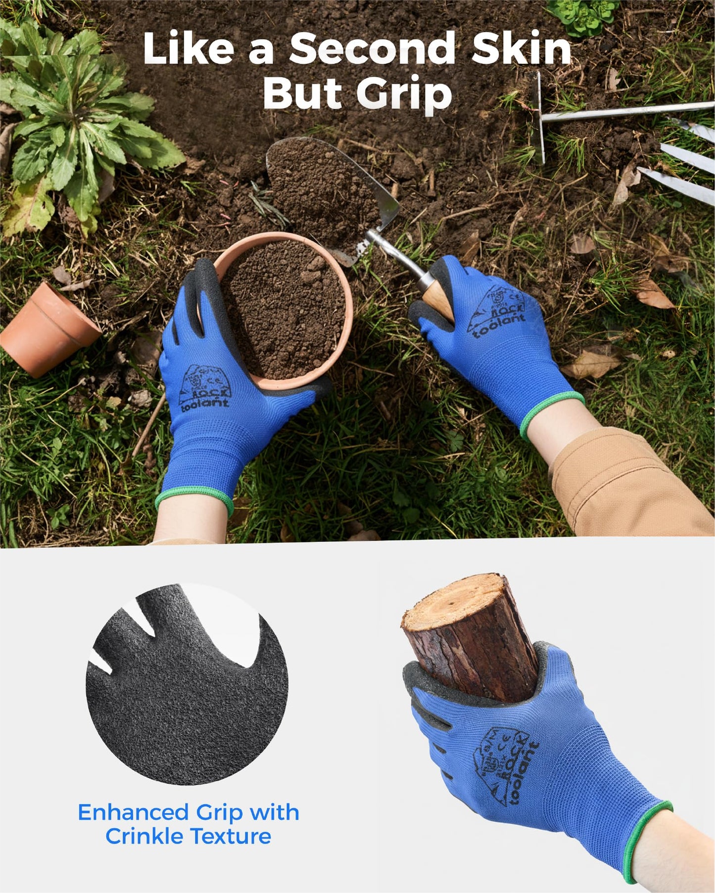 toolant Crinkle Latex Work Gloves Bulk, Rubber Coated Safety Work Gloves for Men and Women, 12 Pairs for Construction, Gardening, Warehouse (Black, Large)