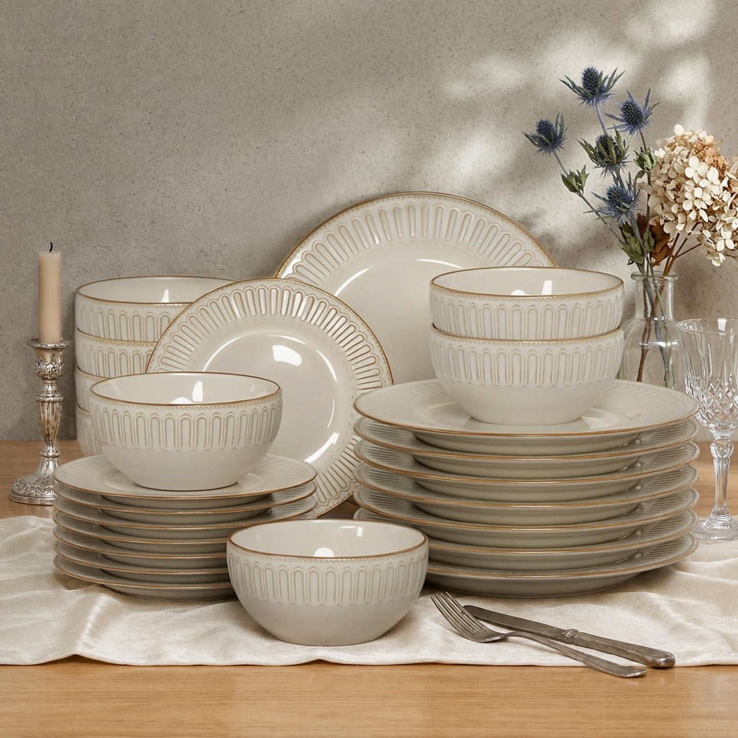 Kitchen Academy Stoneware Dinnerware Sets for 8, Embossed Ceramic Plates and Bowls Set, Beige Dishes