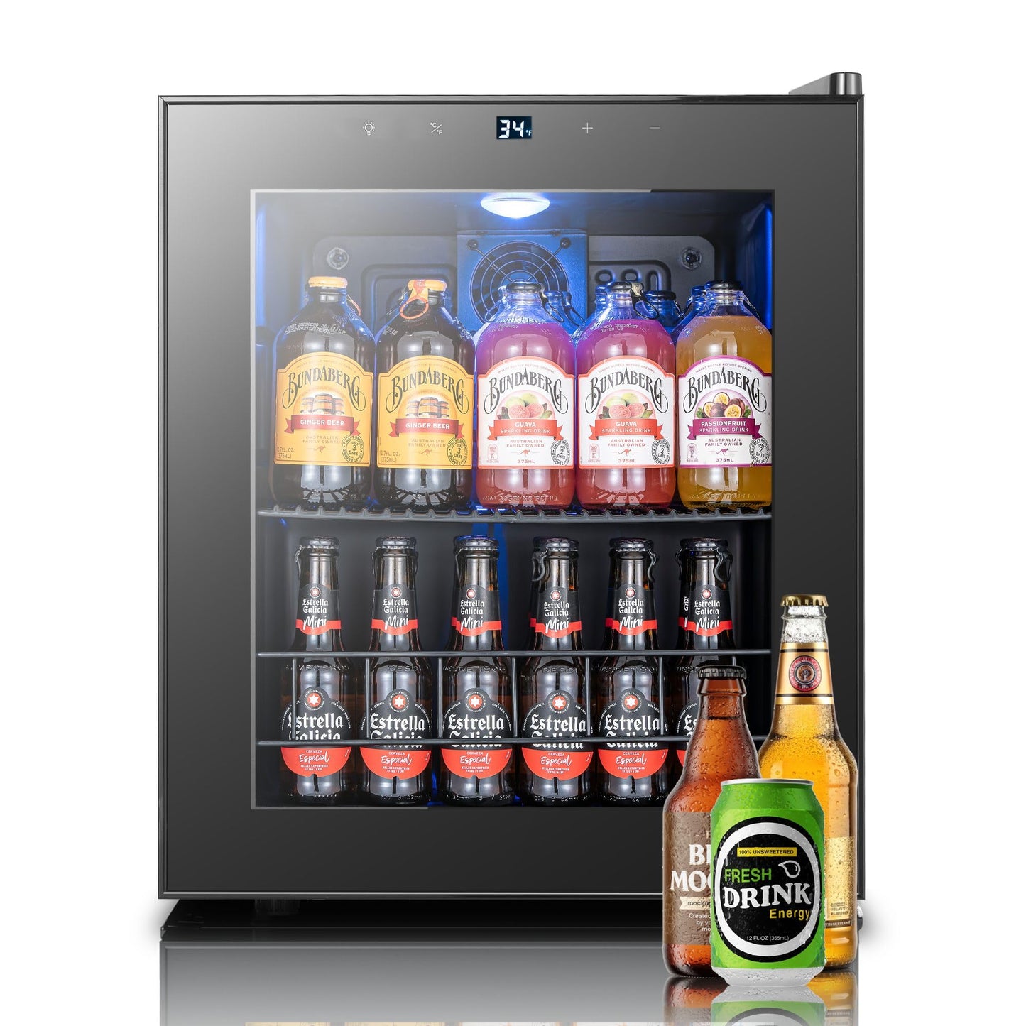 Yeego Beverage Refrigerator, 130 Can Mini Fridge with Glass Door, Adjustable Shelves, Digital Temperature Control 34°F-54°F, Drink Cooler for Soda, Beer and Wine, Freestanding or Under Counter, Black