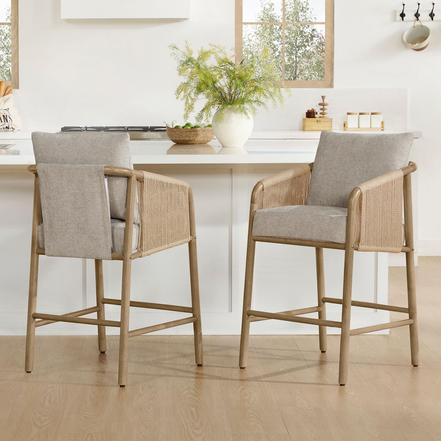 CHITA 27" Counter Height Bar Stools Set of 2, Boho Woven Paper Cord Counter Stools with Back and Armrests, Upholstered Rope Bar Chairs for Kitchen Island & Home Bar, Cream