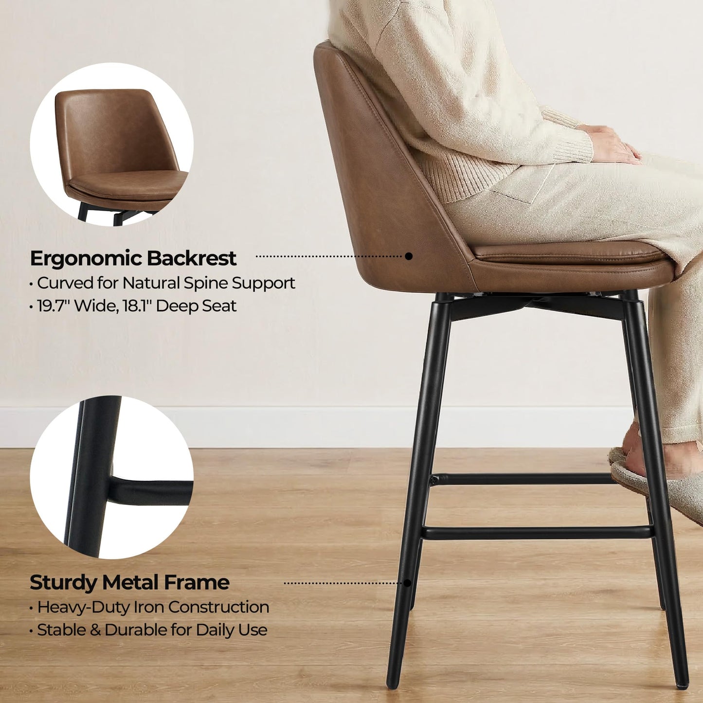 CHITA Swivel Bar Stools, 27.2" Counter Height Bar Stools Set of 3, FSC Certified Upholstered Modern Counter Stools, Metal Legs, Faux Leather, Saddle Brown
