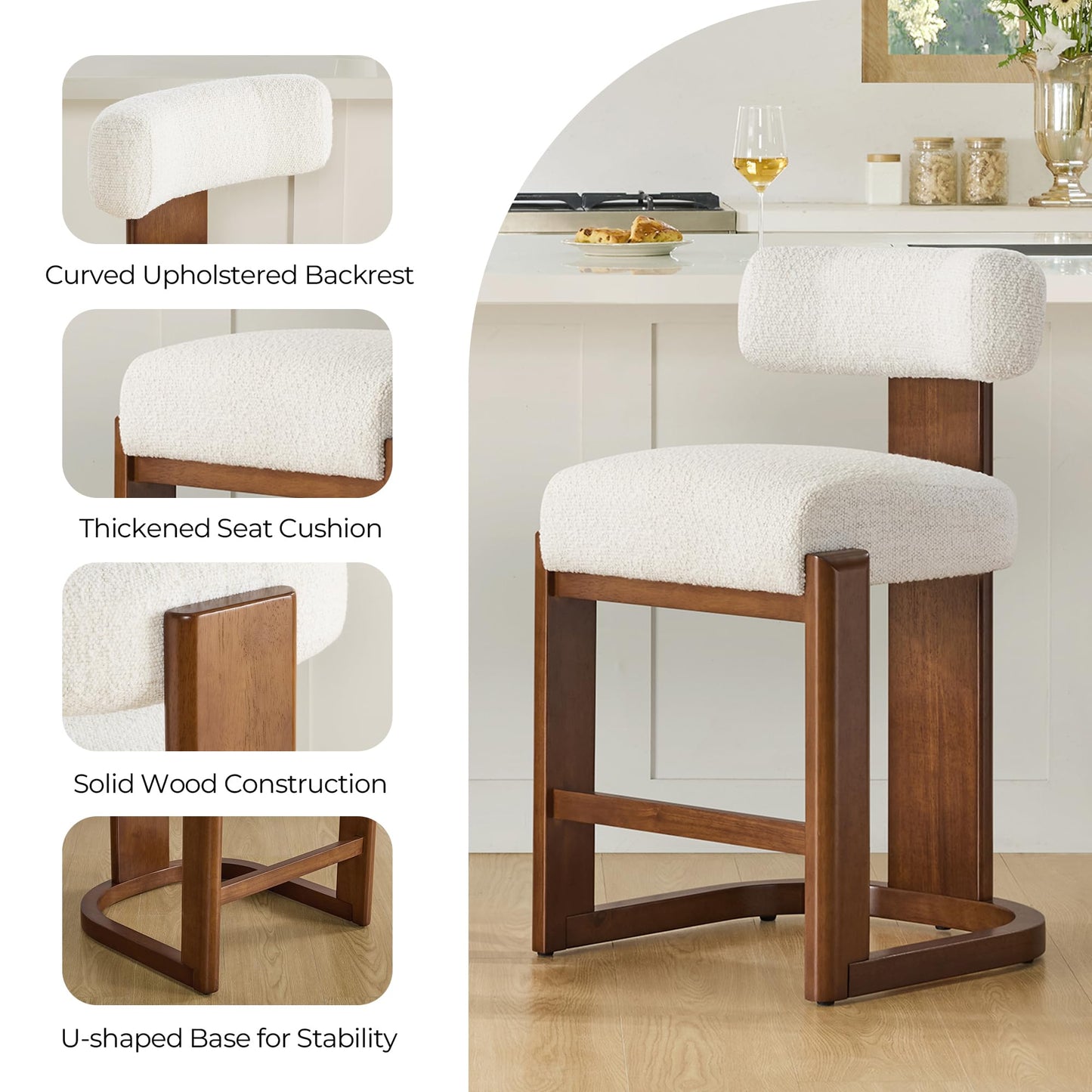 CHITA Modern Bar Stools Set of 2, 27" Counter Height Bar Stools, Upholstered Barstools with Backs and Wood Legs for Kitchen Island Dining Room, Oatmeal Fabric with Walnut Frame