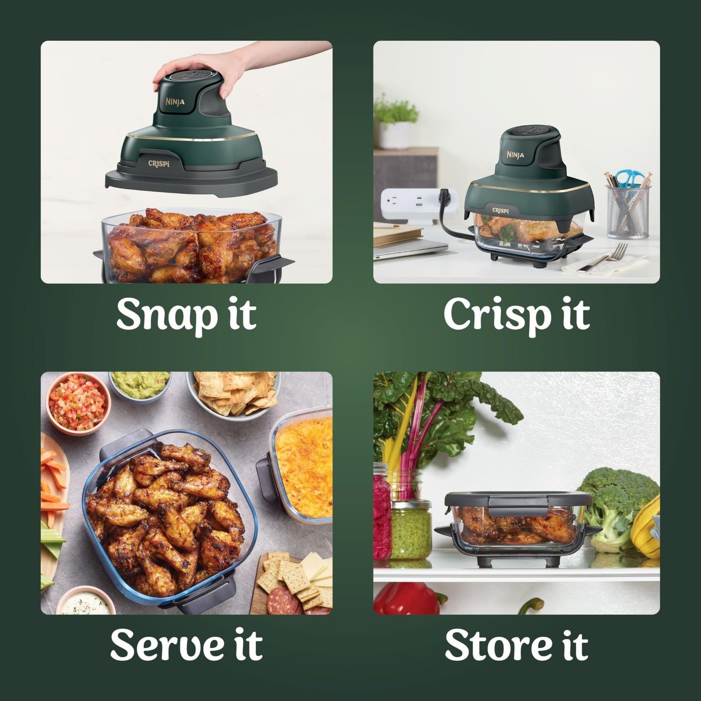 Ninja Crispi 4-in-1 Glass Air Fryer | With Non-Toxic 4QT & 6-Cup Glass Containers & Lids | Microwave, Freezer, Dishwasher Safe | 450°F Max Temp |1500 Watt | Stone | FN101ST