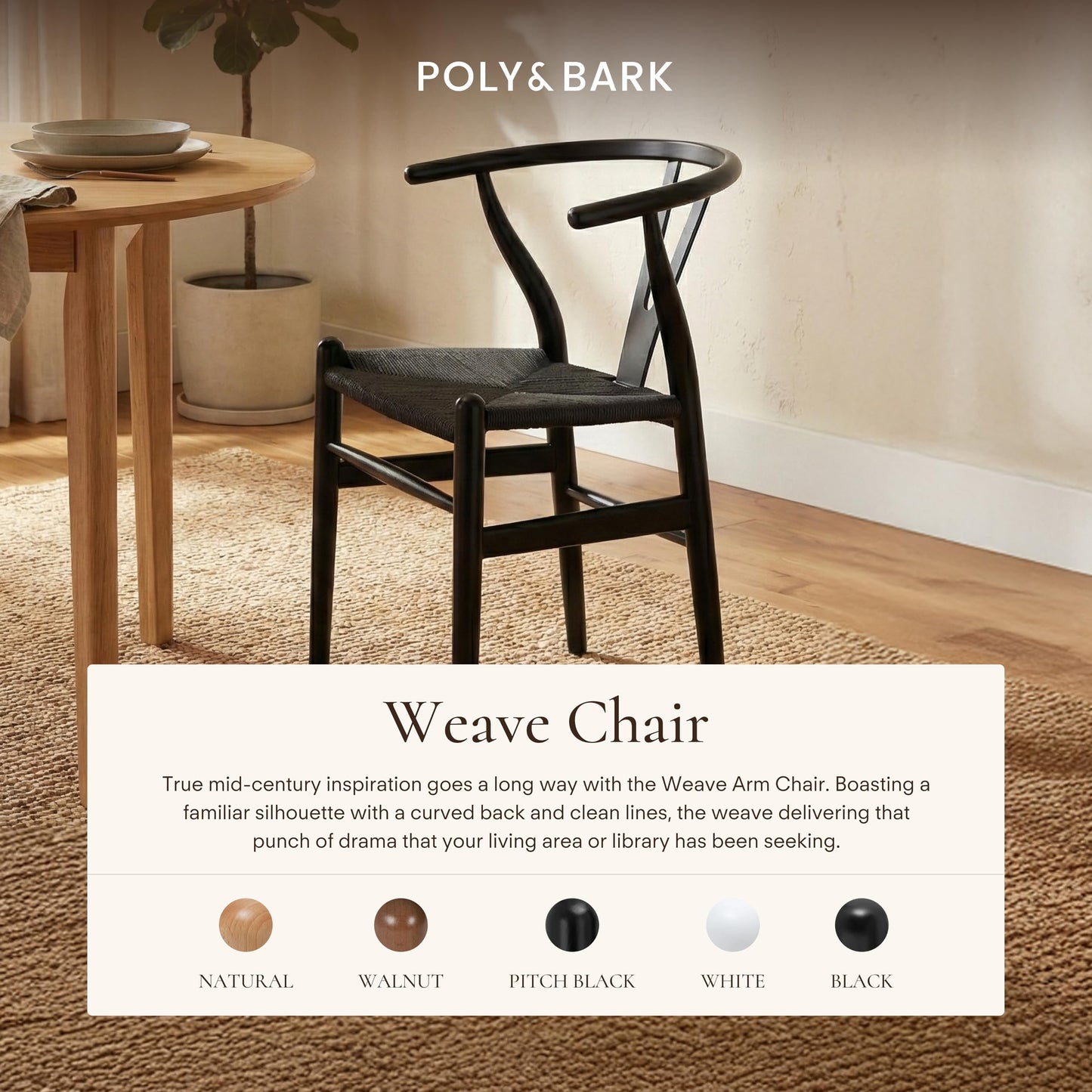 POLY & BARK Weave Dining Chair – Mid-Century Modern Wishbone Dining Chair with Arms, Solid Wood Frame, Indoor Use – Black – Single - Ideal for Dining Room, Kitchen or Stylish Accent Setting