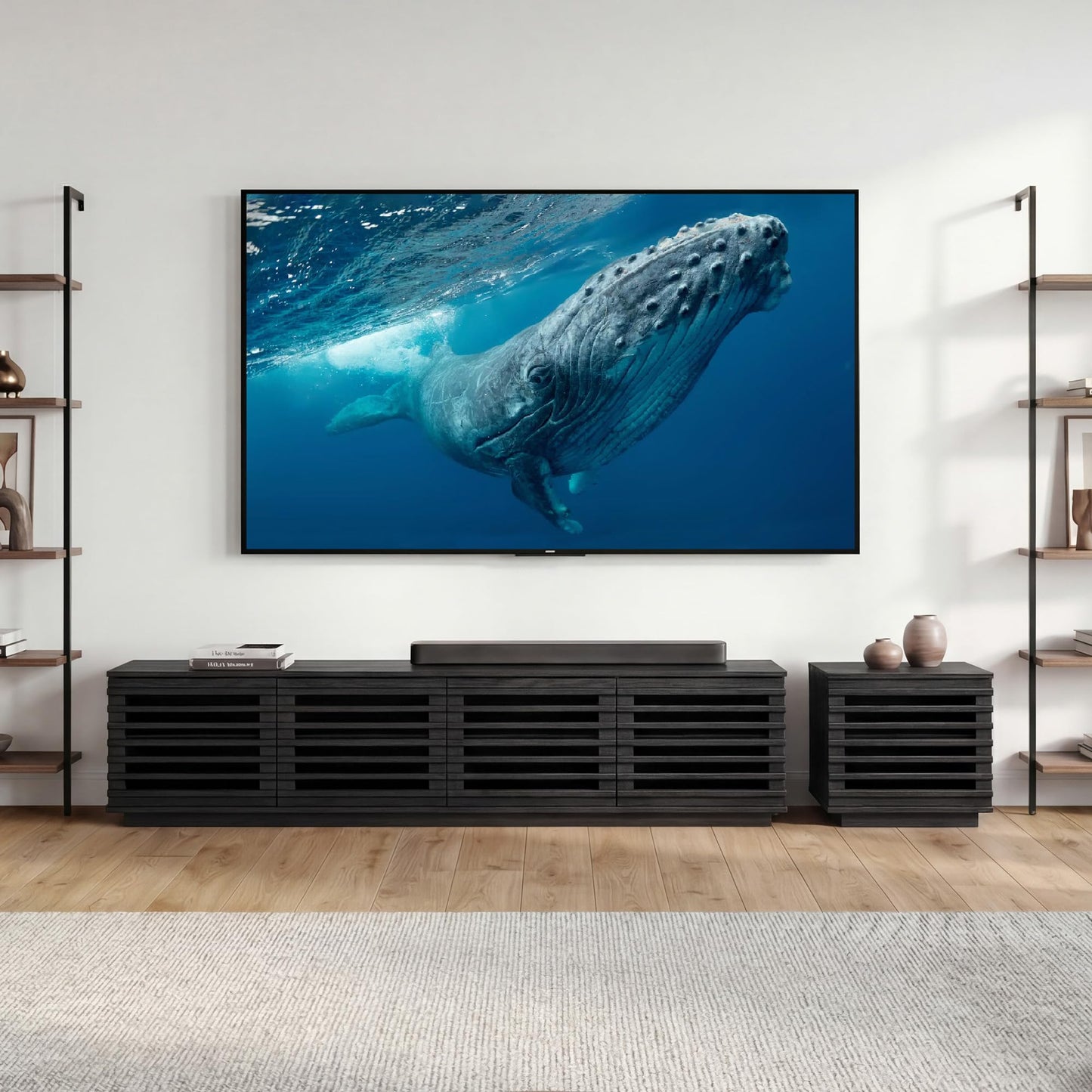 CHITA 70" Modern TV Stands with LED Light for TVs Up to 75 inches, Low Profile Entertainment Center with 4 Flip-Down Door & Fluted Details, TV Media Console for Living Room, Black