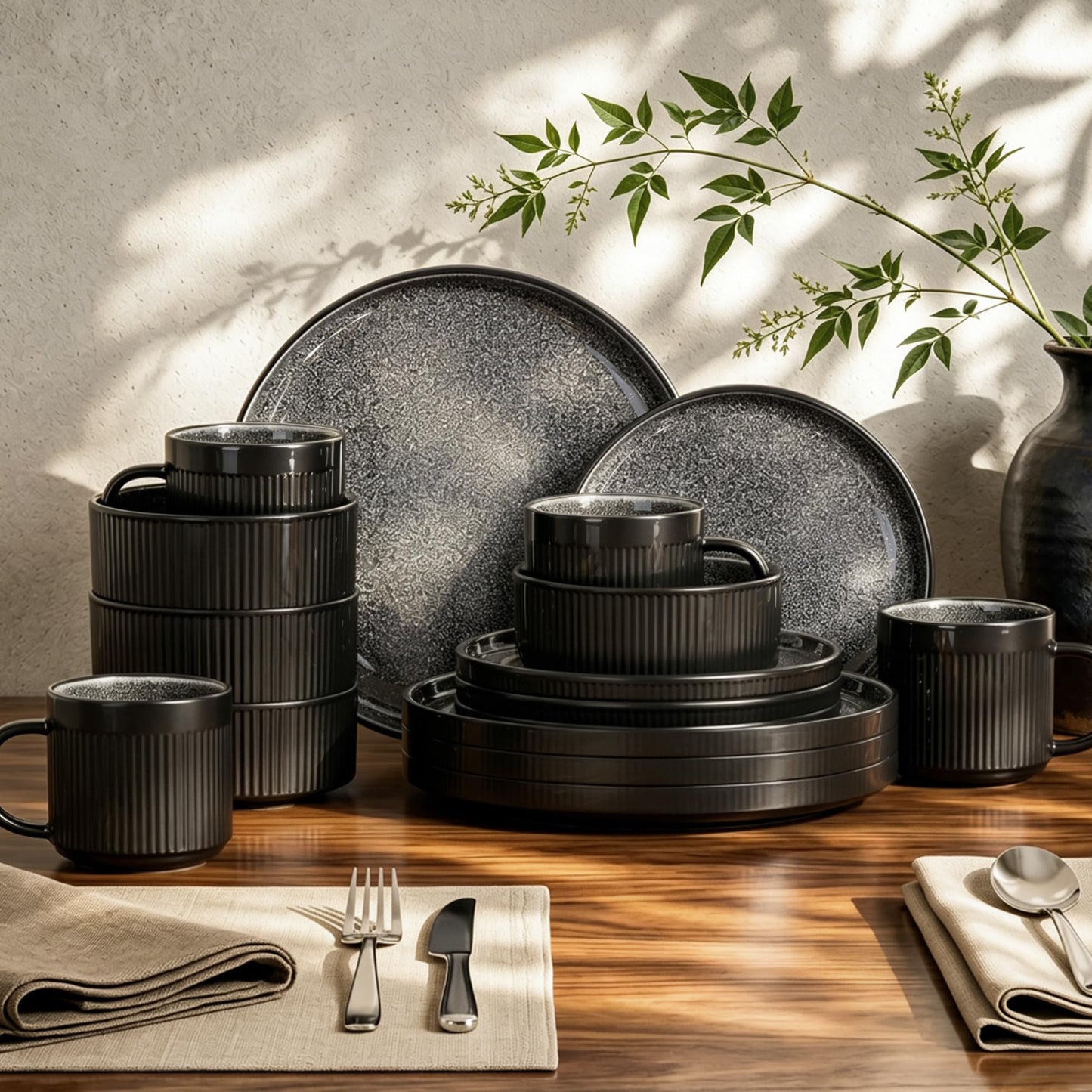 Kitchen Academy Brown Stoneawre Dinnerware Sets for 8, 24Pcs Ceramic Non Toxic Plates and Bowls Sets, Scratch Resistant Dishes, Oven & Microwave Safe