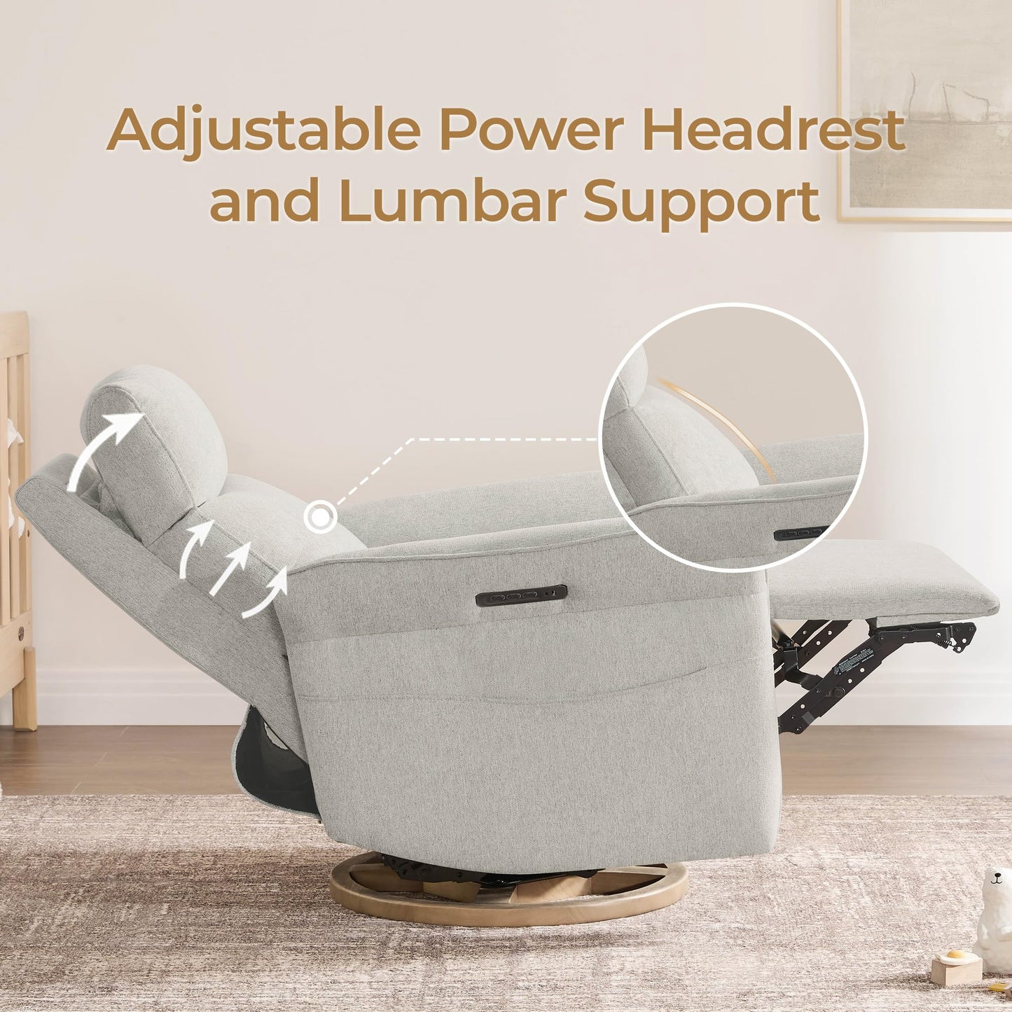 CHITA Power Recliner Chair, Electric Triple-Motor Swivel Glider Nursery Rocking Chair with Adjustable Power Headrest and Lumbar Support, GREENGARD Gold Certified, Solid Wood Base, Linen