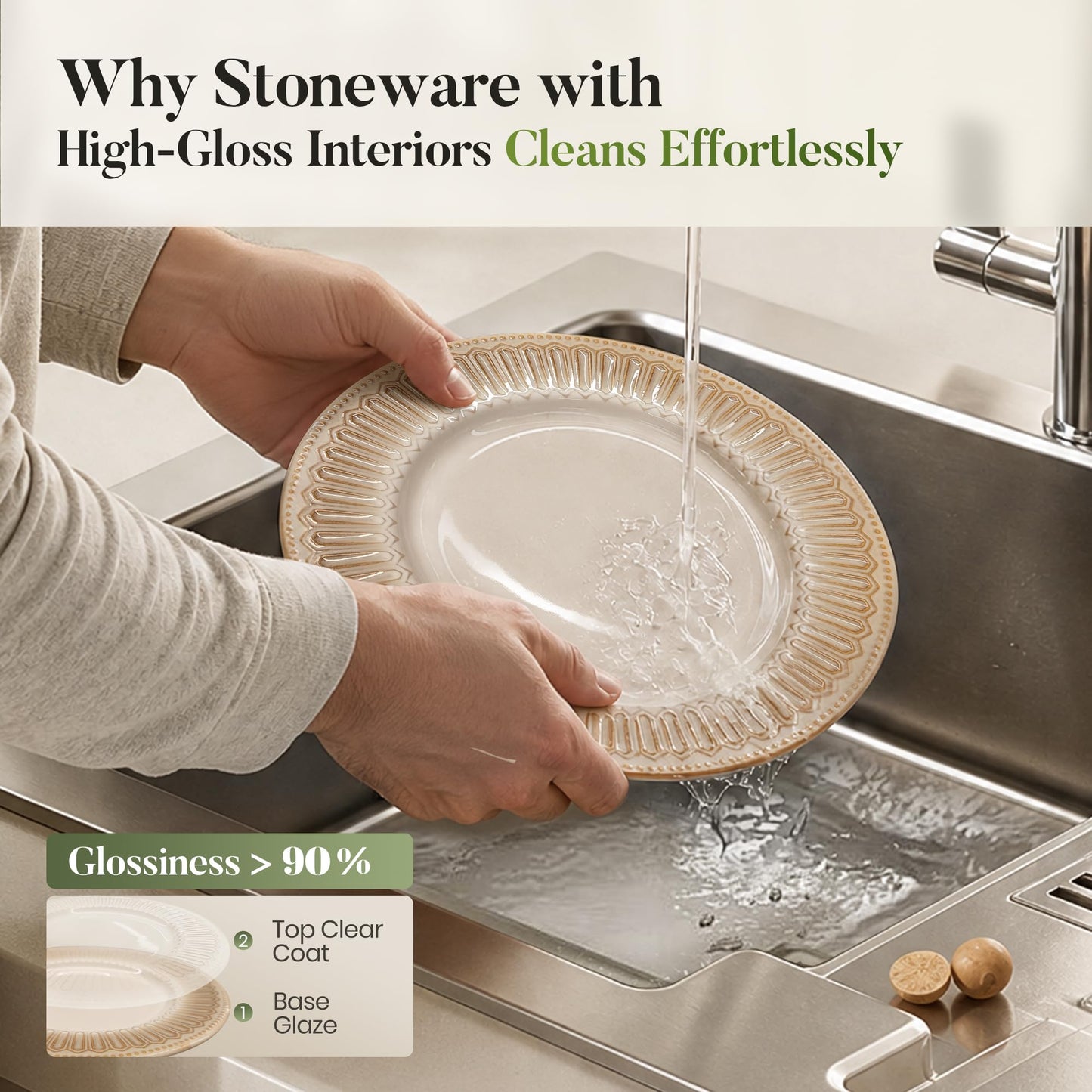 Kitchen Academy Stoneware Dinnerware Sets for 8, Embossed Ceramic Plates and Bowls Set, Beige Dishes