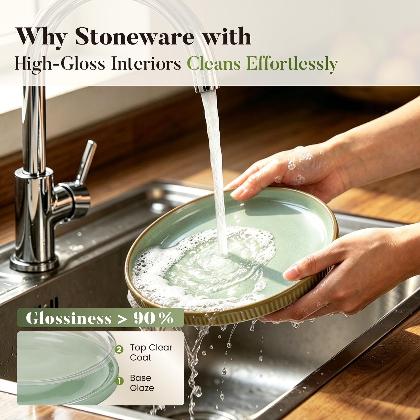 Kitchen Academy Brown Stoneawre Dinnerware Sets for 8, 24Pcs Ceramic Non Toxic Plates and Bowls Sets, Scratch Resistant Dishes, Oven & Microwave Safe