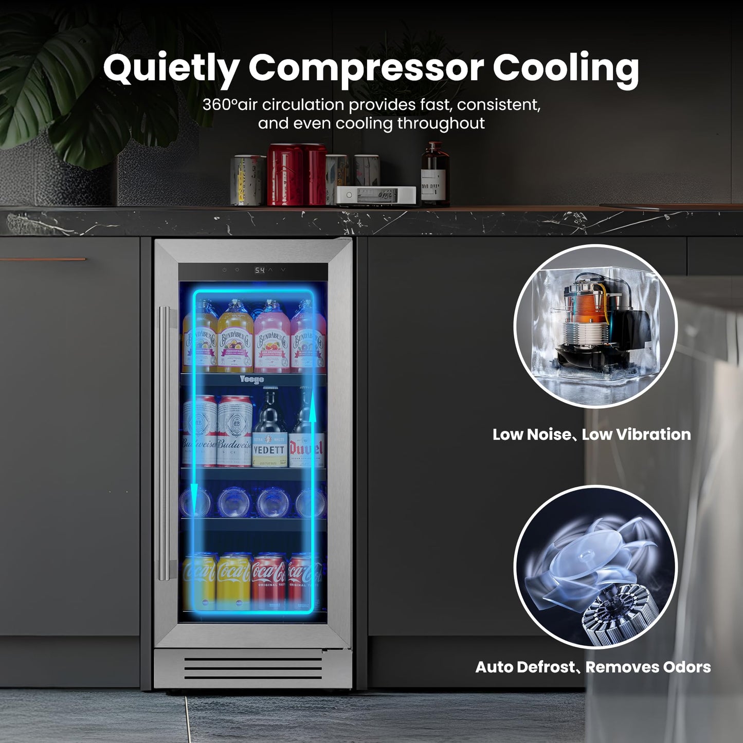 Yeego 24-Inch Beverage Refrigerator, Built-In or Freestanding Beverage Cooler, Up to 180 Cans, Glass Door Mini Fridge for Soda, Beer, Water & Wine (Left-Hinged)