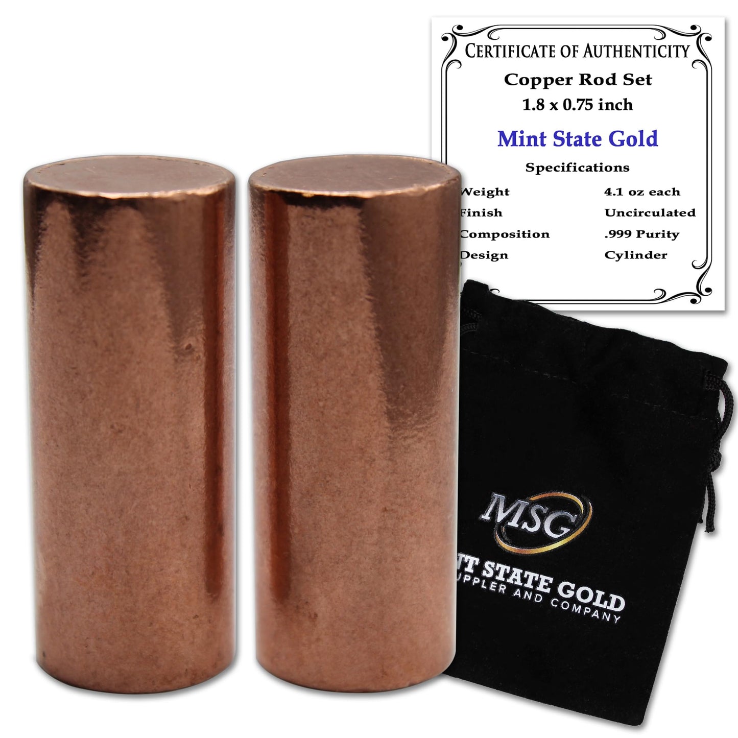 Premium Copper Round Rod Set - 2 Piece (3.63" x 0.75") - 99.9% Pure - Velvet Pouch & Authenticity Certificate Included by Mint State Gold