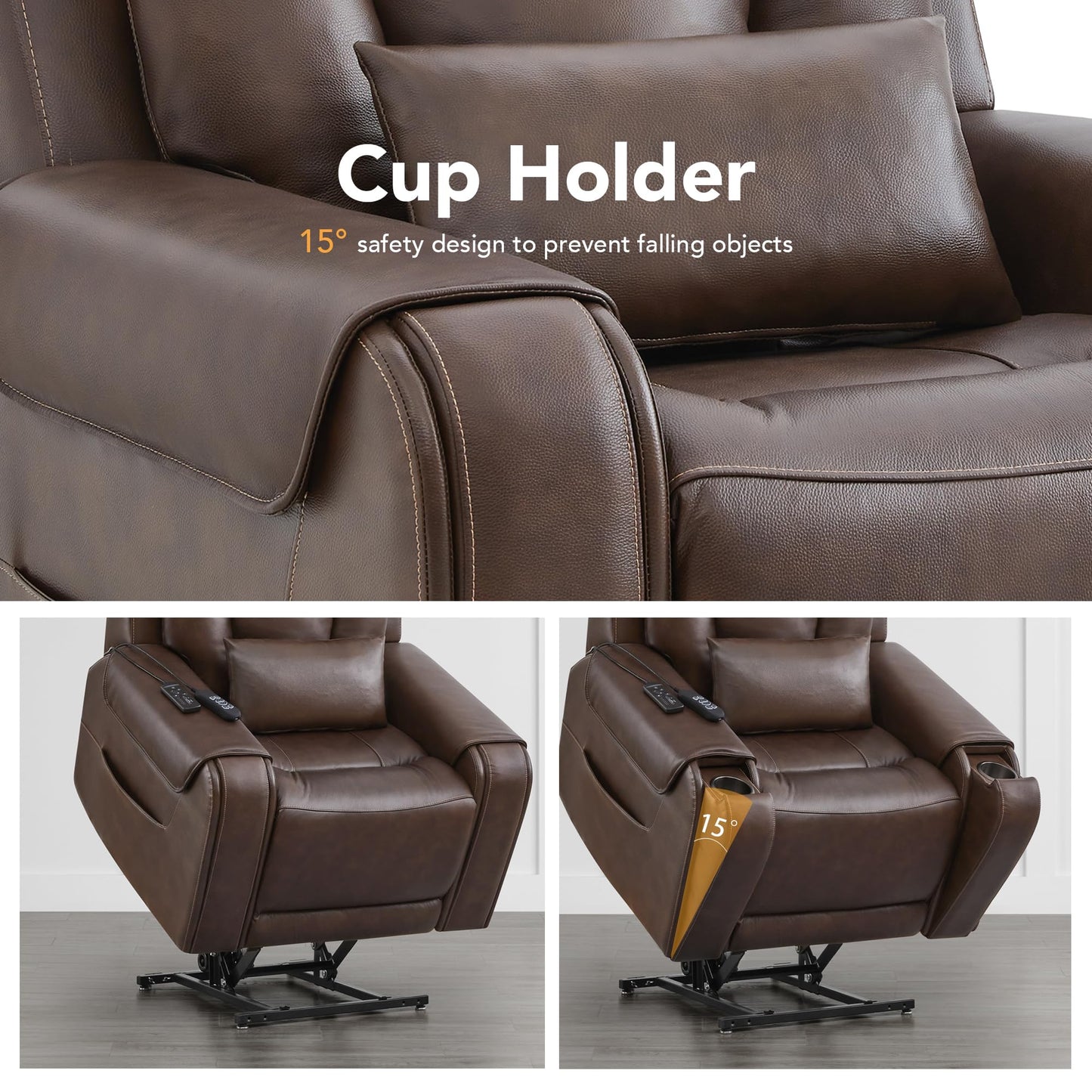 CHITA Electric Power Lift Recliner Chair for Elderly with Massage and Heat, Large Lay Flat Genuine Leather Recliner Chair with Cup Holders, USB Ports, Power Headrest, Independent Backrest, Saddle