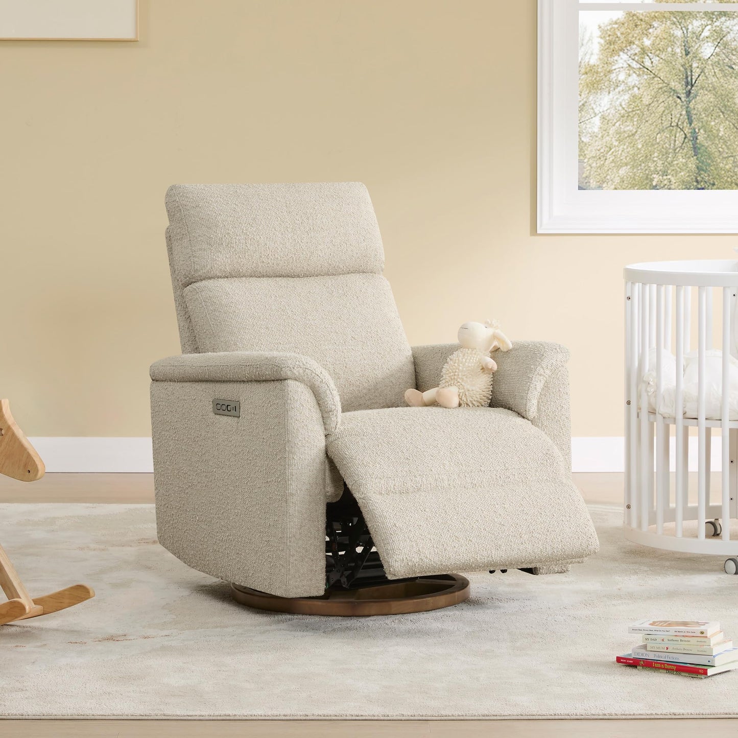 CHITA Power Swivel Glider for Adults with Nightlight, Nursery Recliner Chair with Power Headrest for Living Room, Bedroom, Water-Resistant Boucle Fabric in Sand