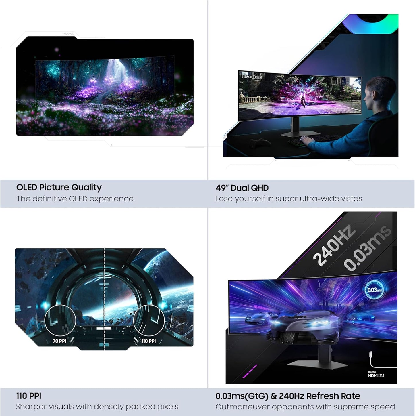Samsung 49" Odyssey G93SC Series Curved Gaming Monitor, QD-OLED, 240Hz, 0.03ms, DQHD, G-Sync Compatible, FreeSync Premium Pro, Adjustable Stand