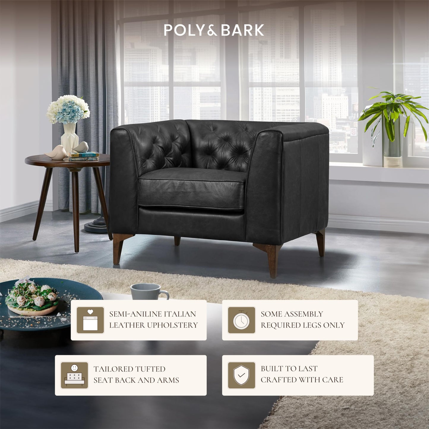 POLY & BARK Essex 89” Full-Grain Italian Leather Sofa – Tufted Back, Feather-Down Comfort, Solid Wood Frame, Cognac Tan