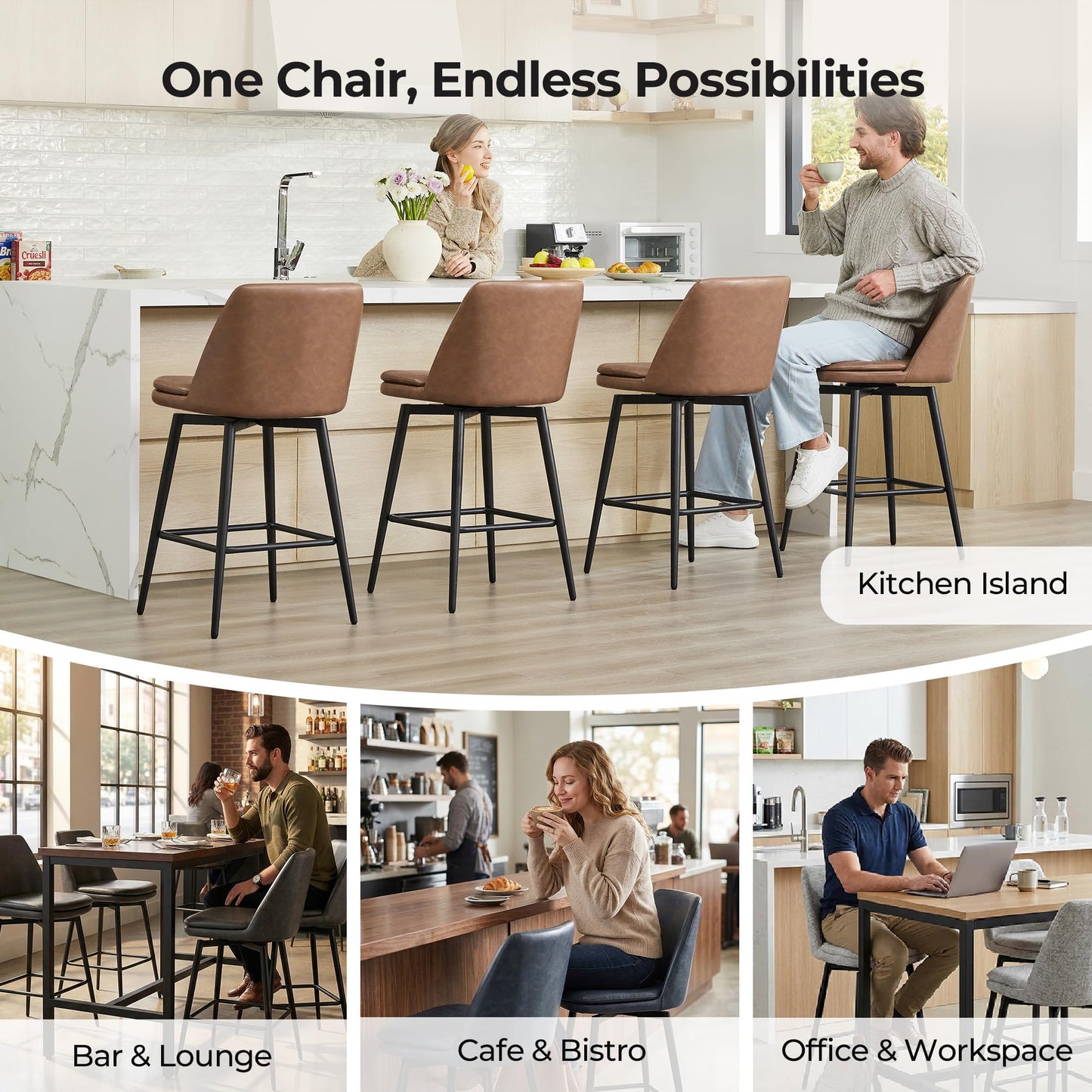 CHITA Swivel Bar Stools, 27.2" Counter Height Bar Stools Set of 3, FSC Certified Upholstered Modern Counter Stools, Metal Legs, Faux Leather, Saddle Brown