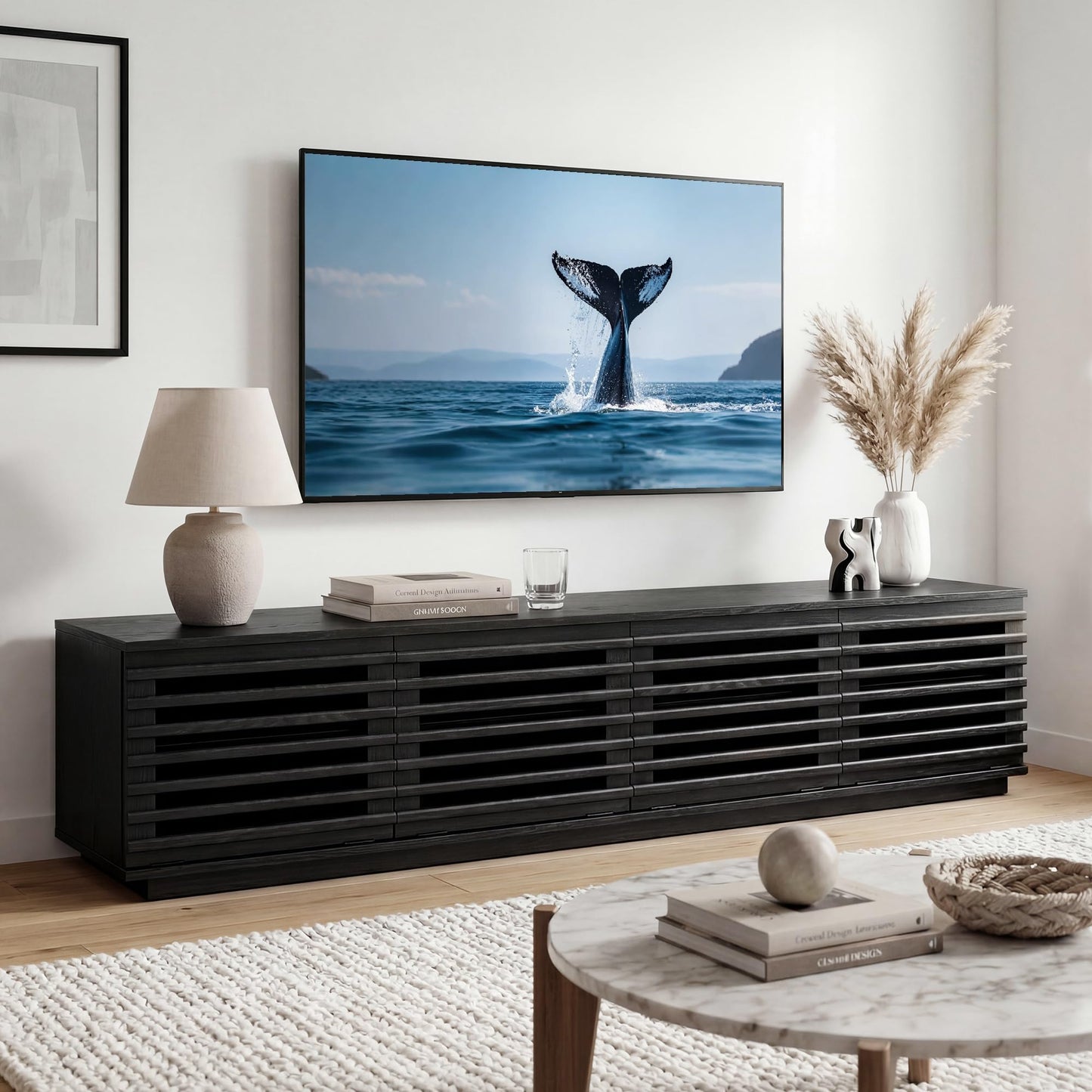 CHITA 70" Modern TV Stands with LED Light for TVs Up to 75 inches, Low Profile Entertainment Center with 4 Flip-Down Door & Fluted Details, TV Media Console for Living Room, Black
